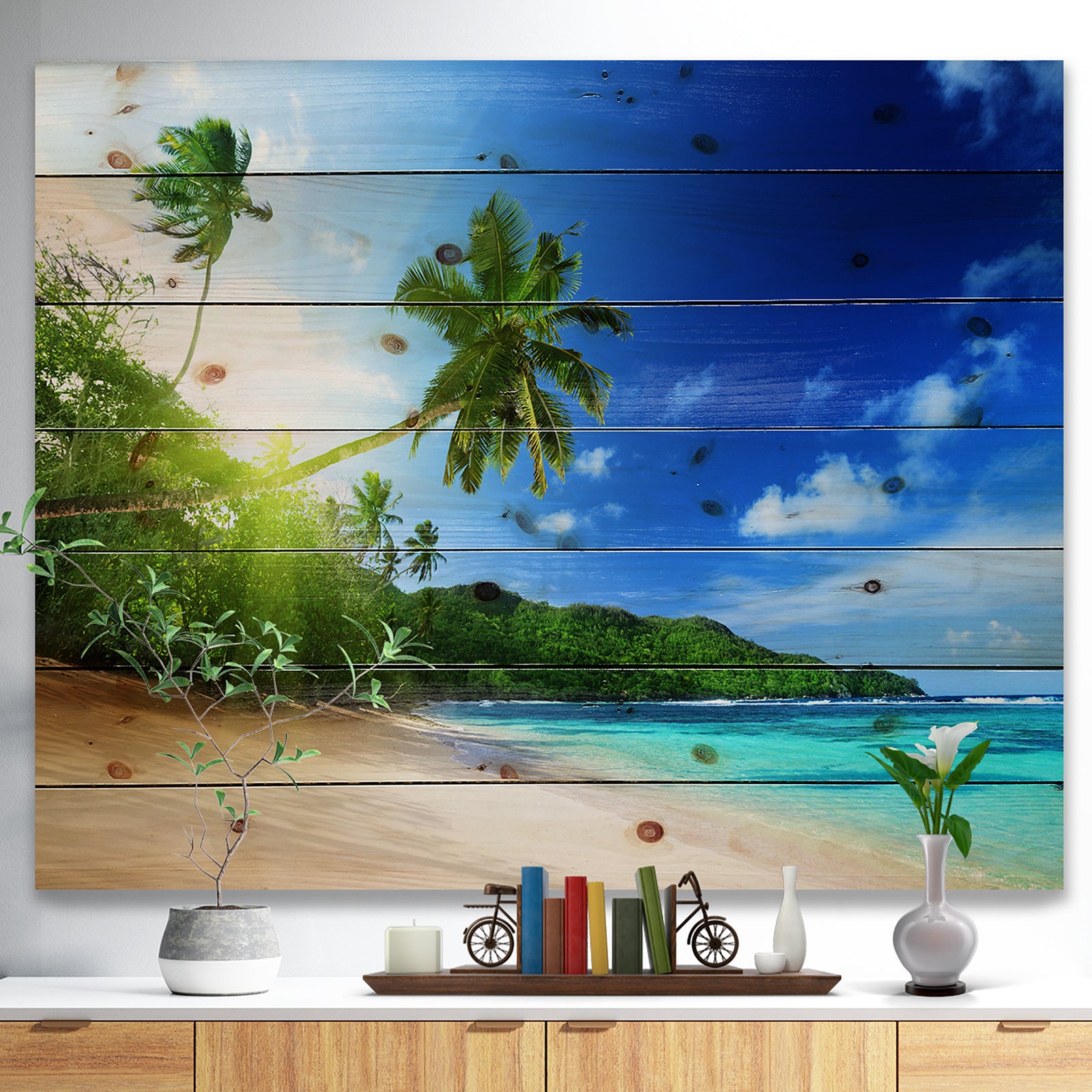Sunset Beach with Palm - Landscape Photography Print on Natural Pine Wood