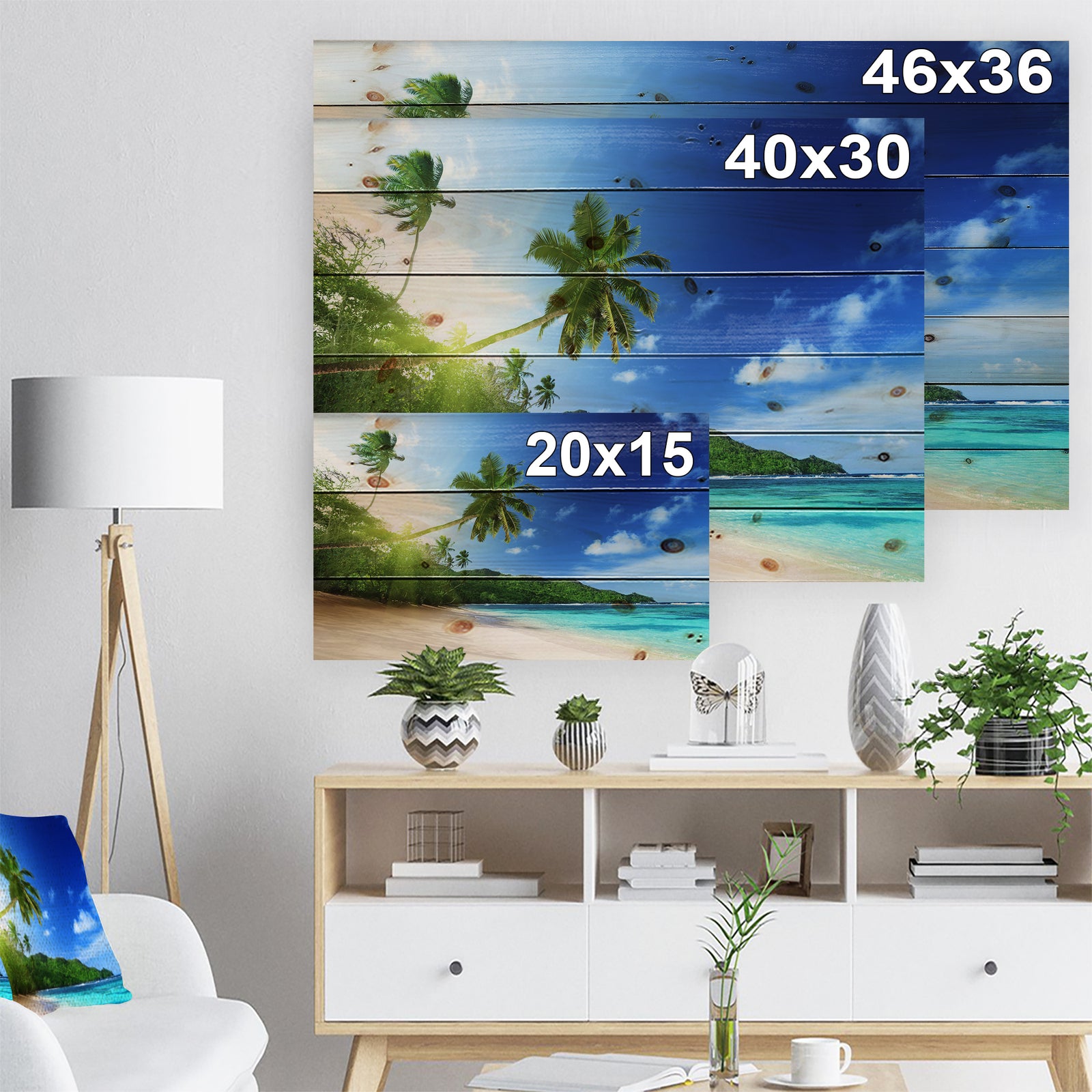 Sunset Beach with Palm - Landscape Photography Print on Natural Pine Wood