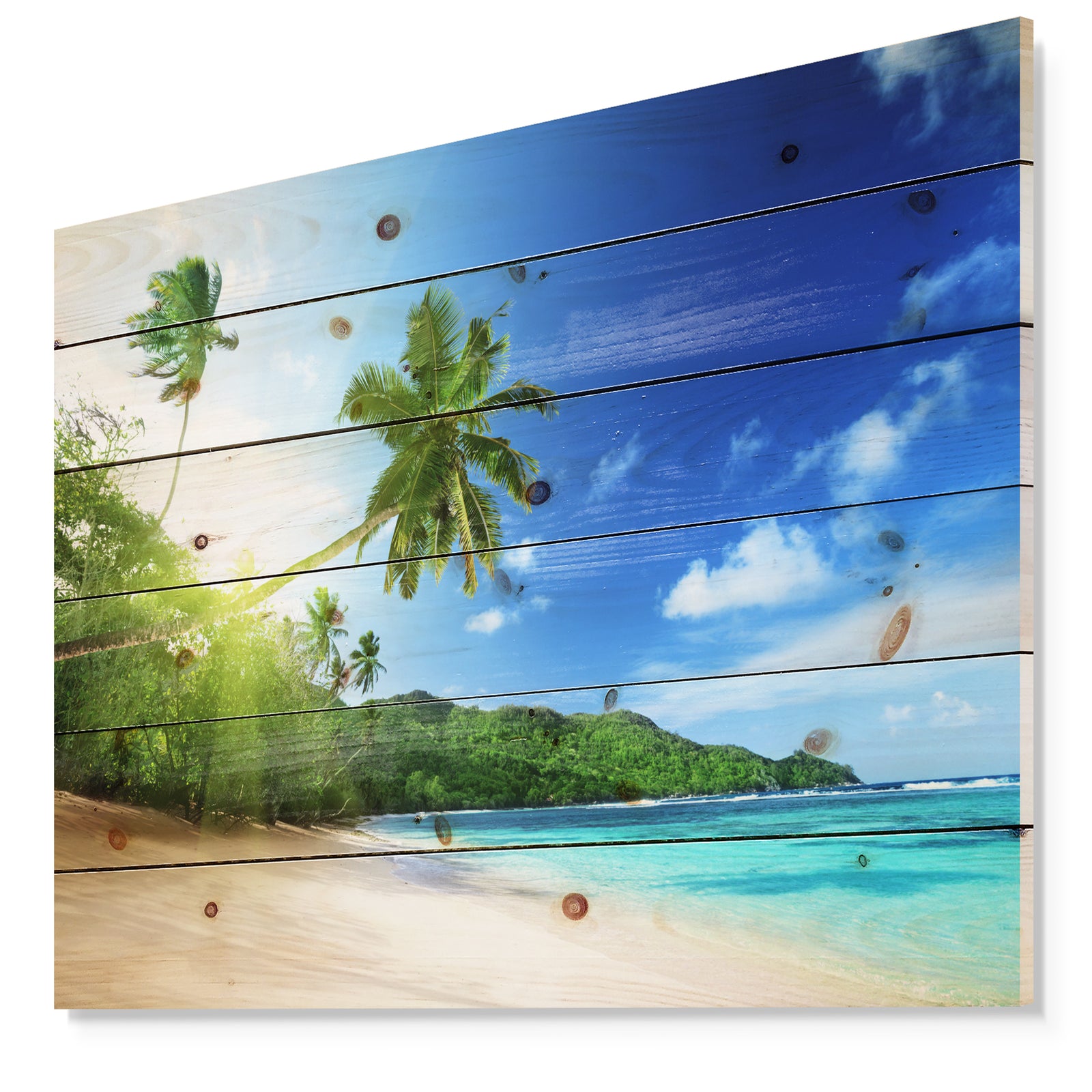 Sunset Beach with Palm - Landscape Photography Print on Natural Pine Wood