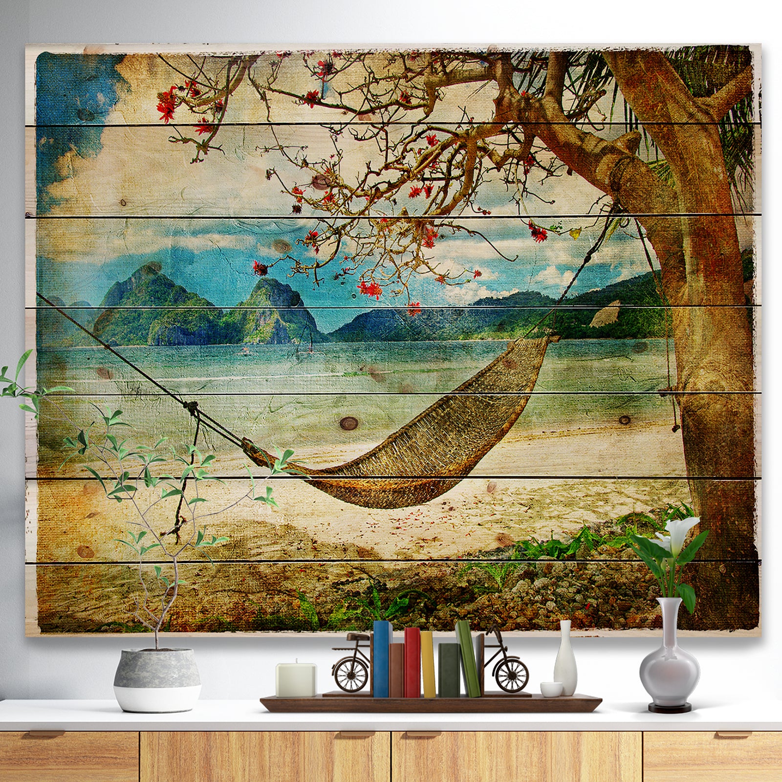 Tropical Sleeping Swing - Digital Art Landscape Print on Natural Pine Wood