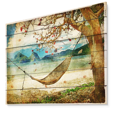 Tropical Sleeping Swing - Digital Art Landscape Print on Natural Pine Wood