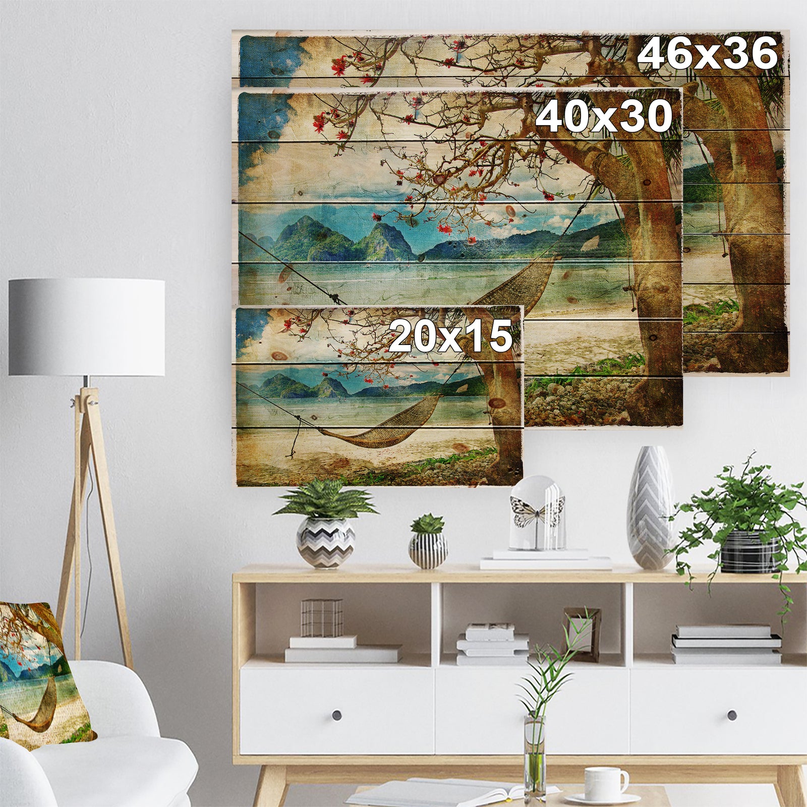 Tropical Sleeping Swing - Digital Art Landscape Print on Natural Pine Wood