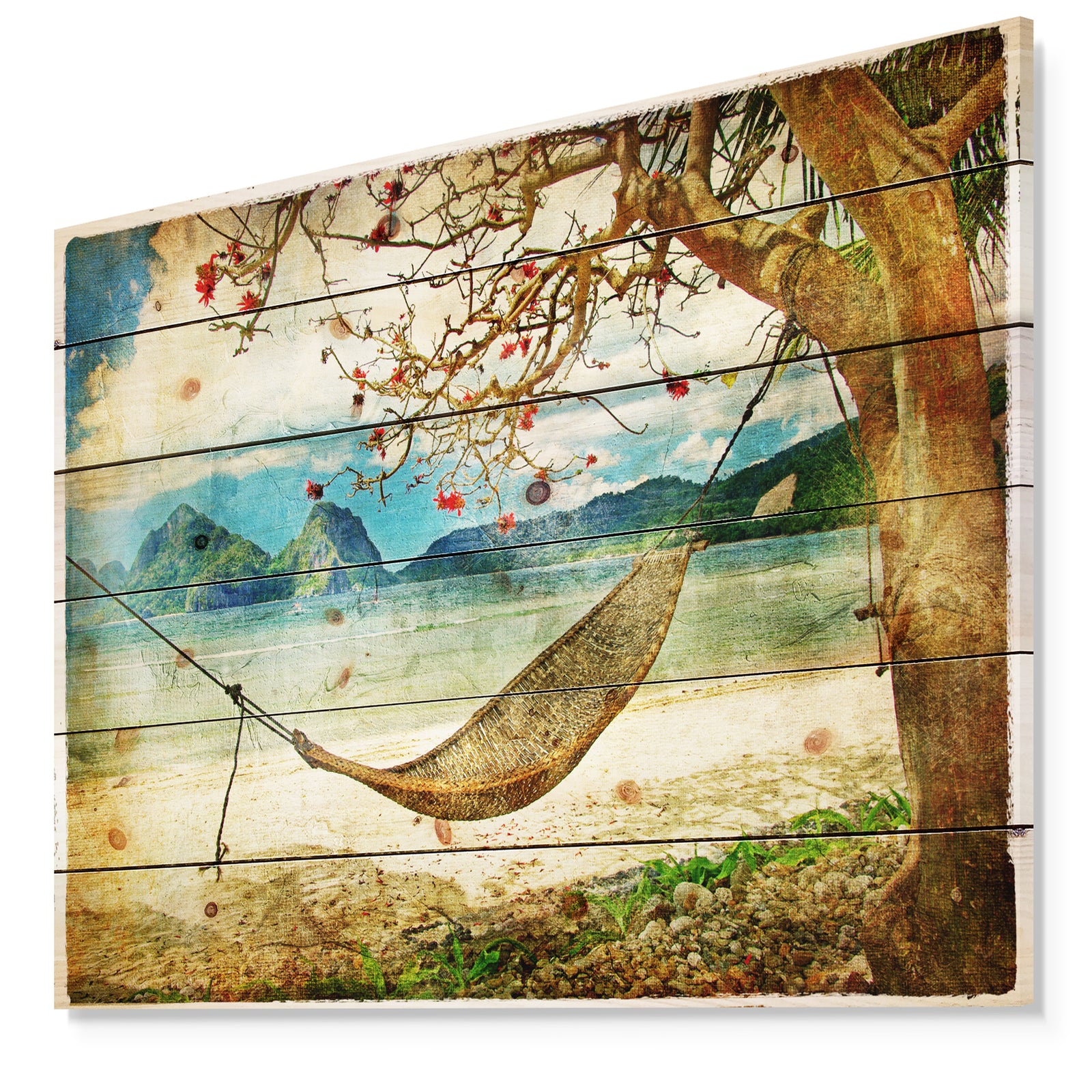Tropical Sleeping Swing - Digital Art Landscape Print on Natural Pine Wood