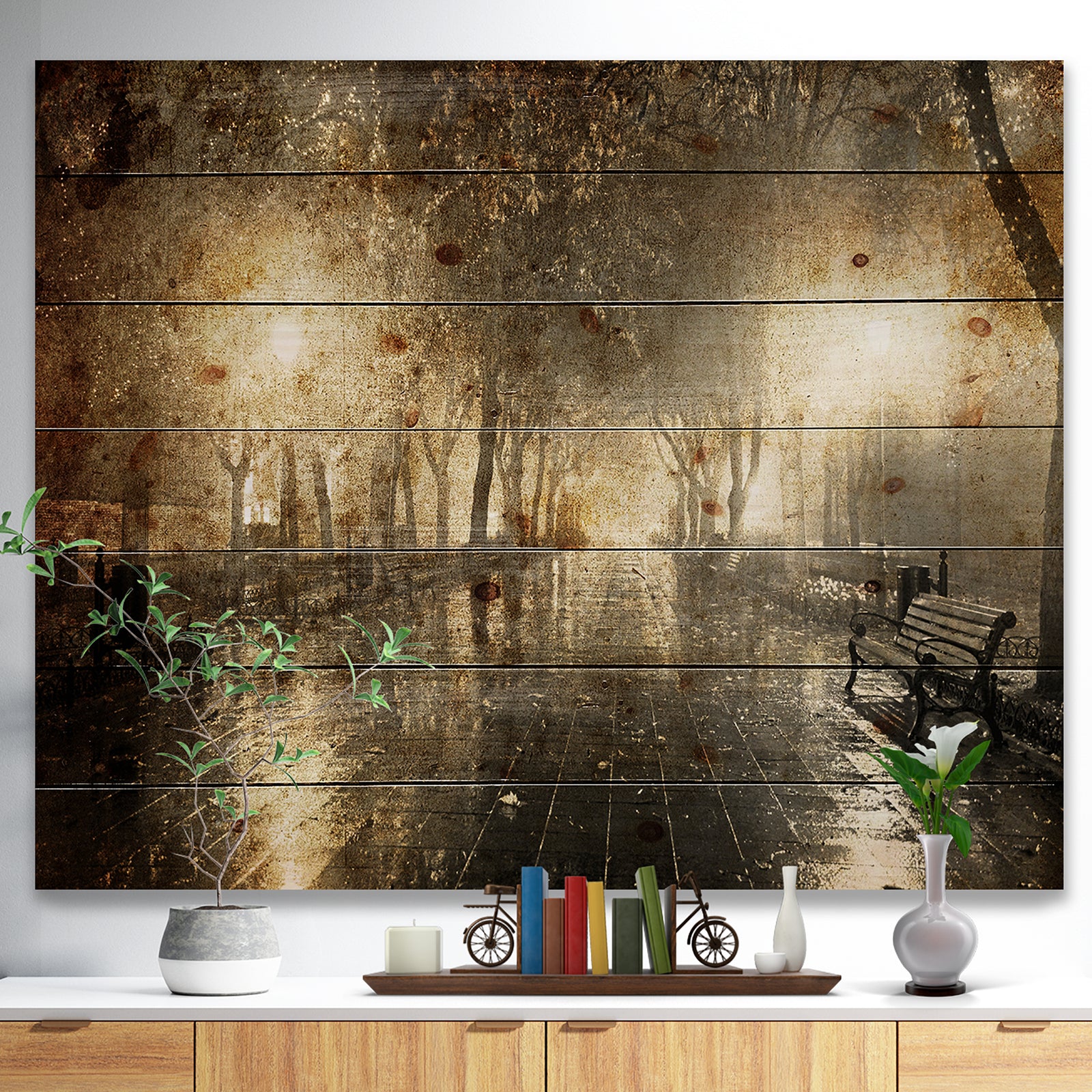 Night Alley with Lights - Photography Landscape Print on Natural Pine Wood