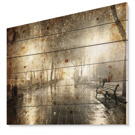 Night Alley with Lights - Photography Landscape Print on Natural Pine Wood