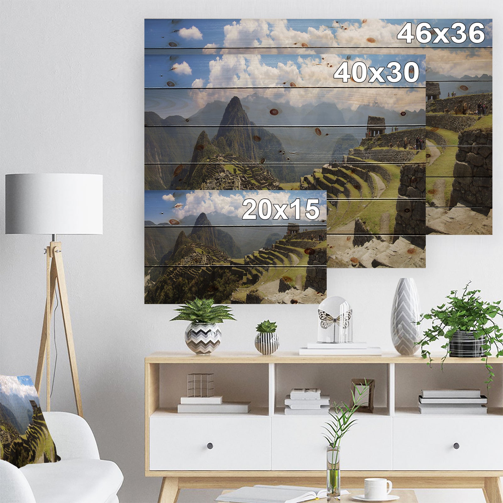 Machu Picchu Panorama - Landscape Photo Print on Natural Pine Wood