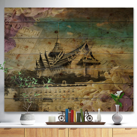 Vintage Style Sky Castle - Contemporary Print on Natural Pine Wood