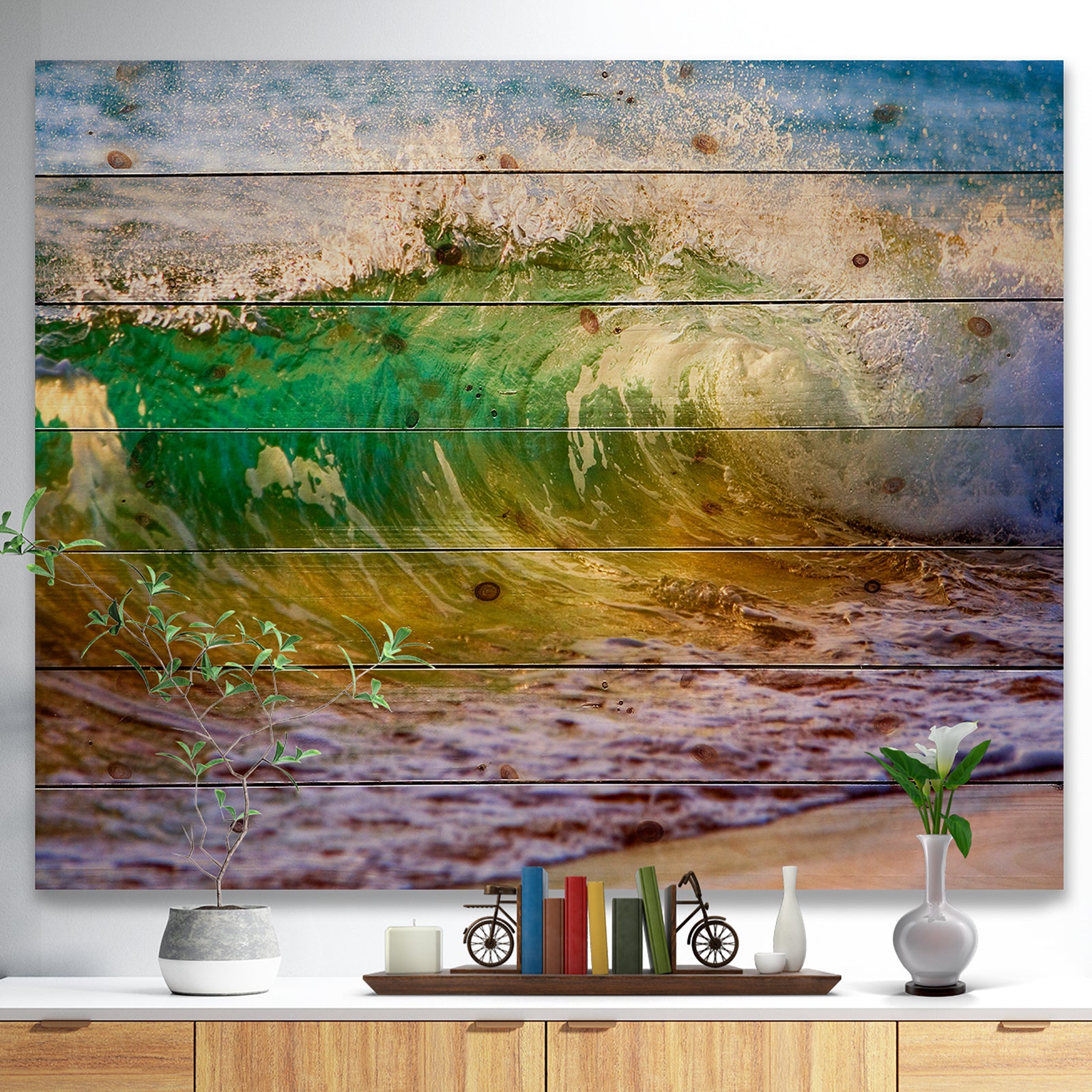 Ocean Turning Green - Seascape Print on Natural Pine Wood