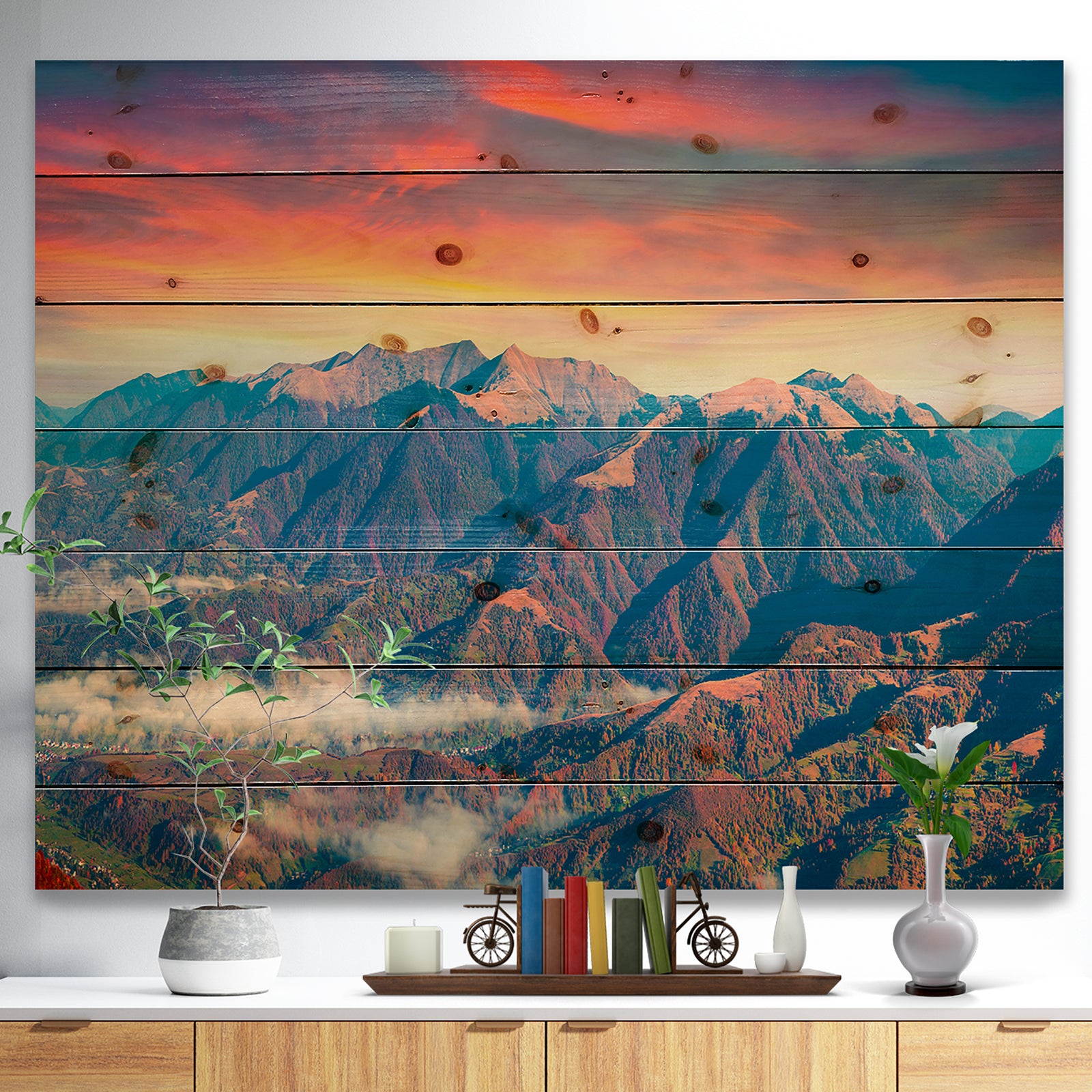 Kolochava Village in Morning Landscape - Photography Print on Natural Pine Wood