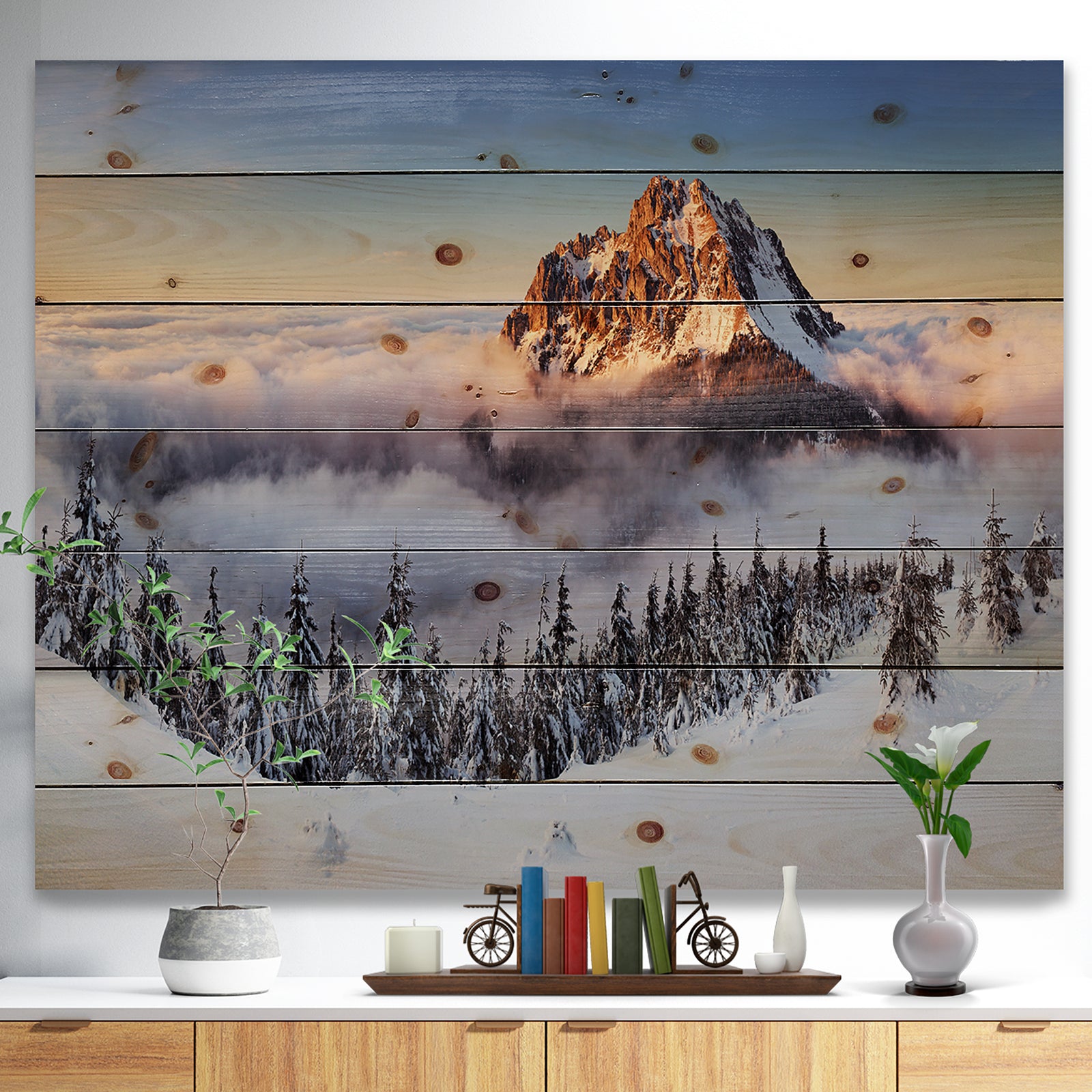 Winter Mountain Landscape - Photography Print on Natural Pine Wood