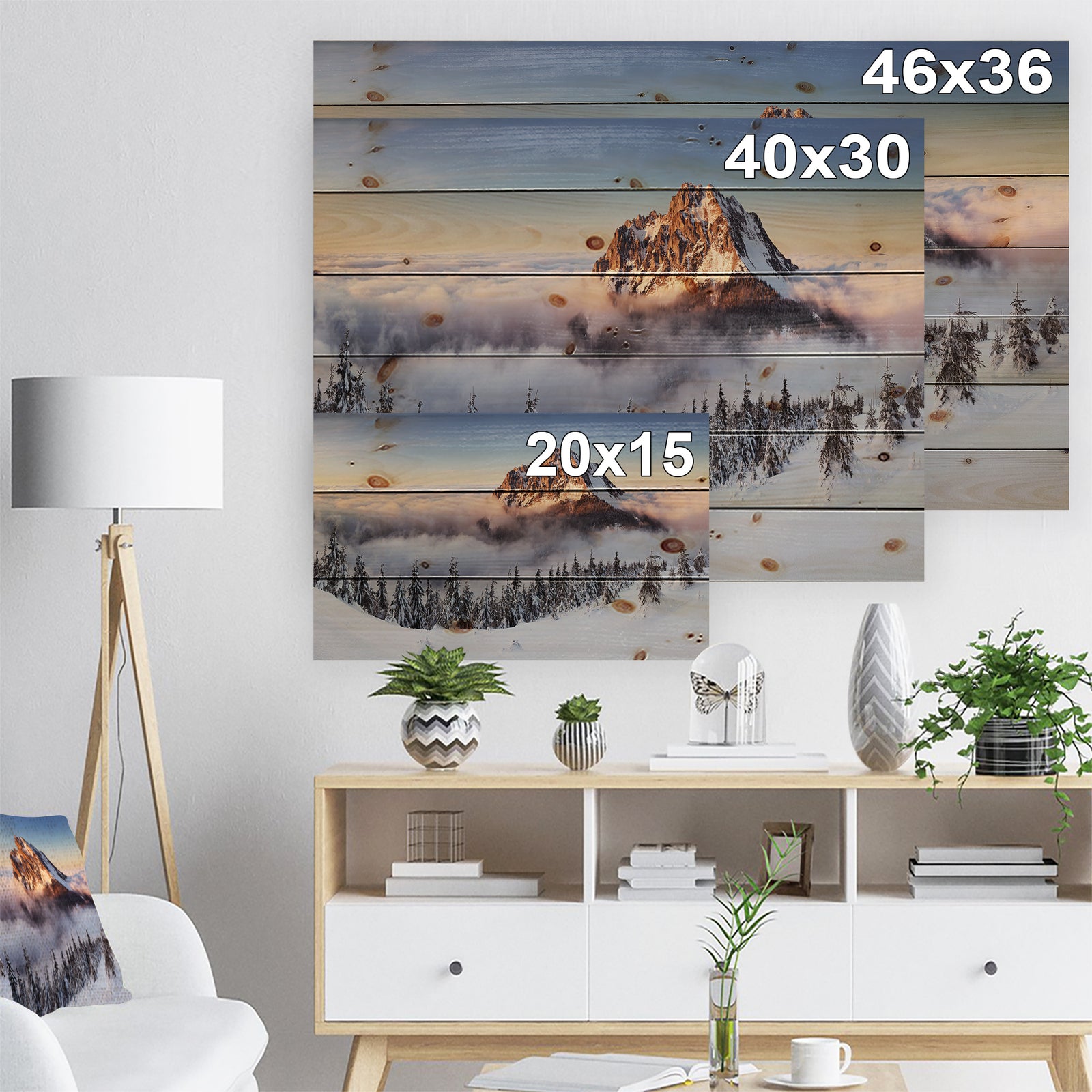 Winter Mountain Landscape - Photography Print on Natural Pine Wood