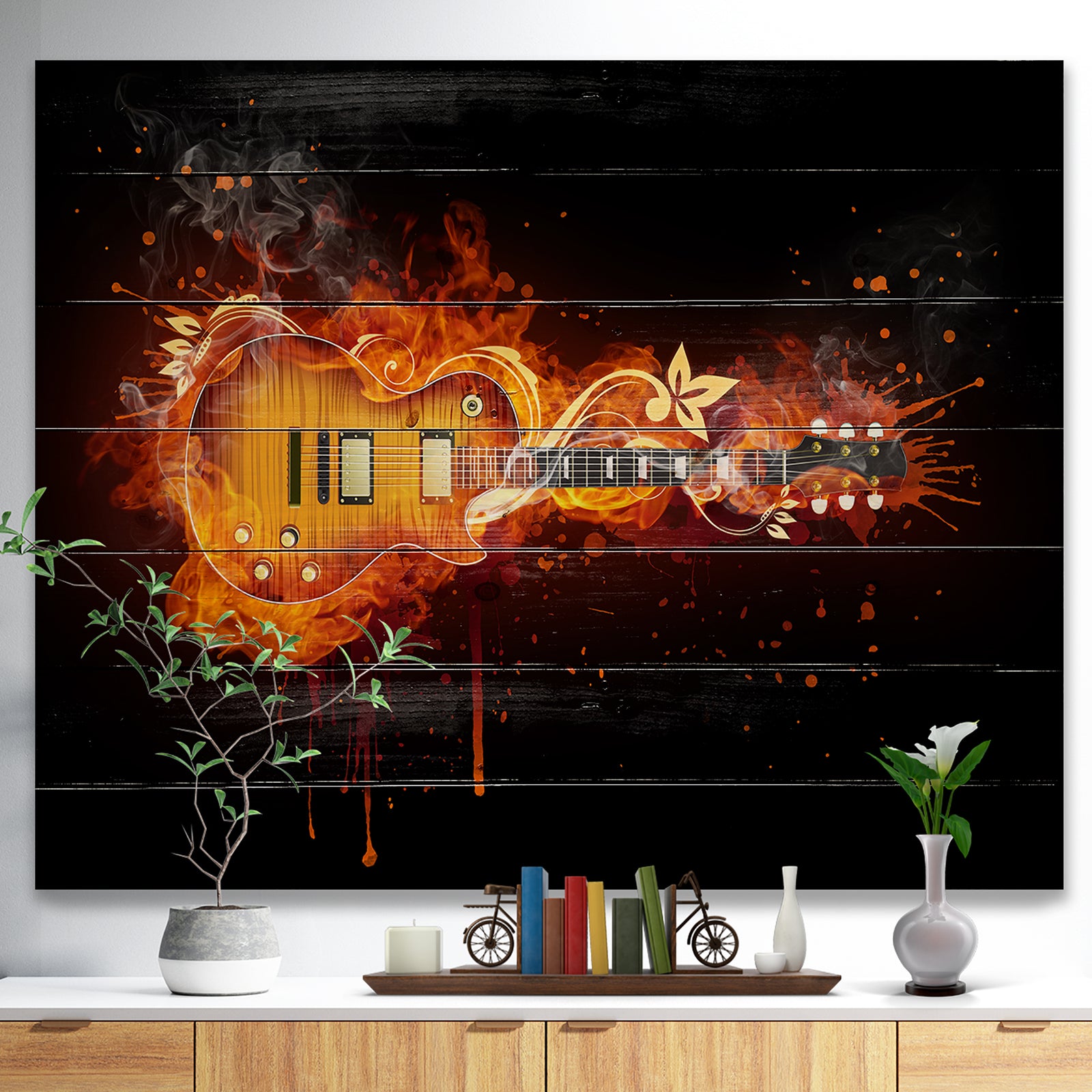 Electric Guitar - Abstract Print on Natural Pine Wood