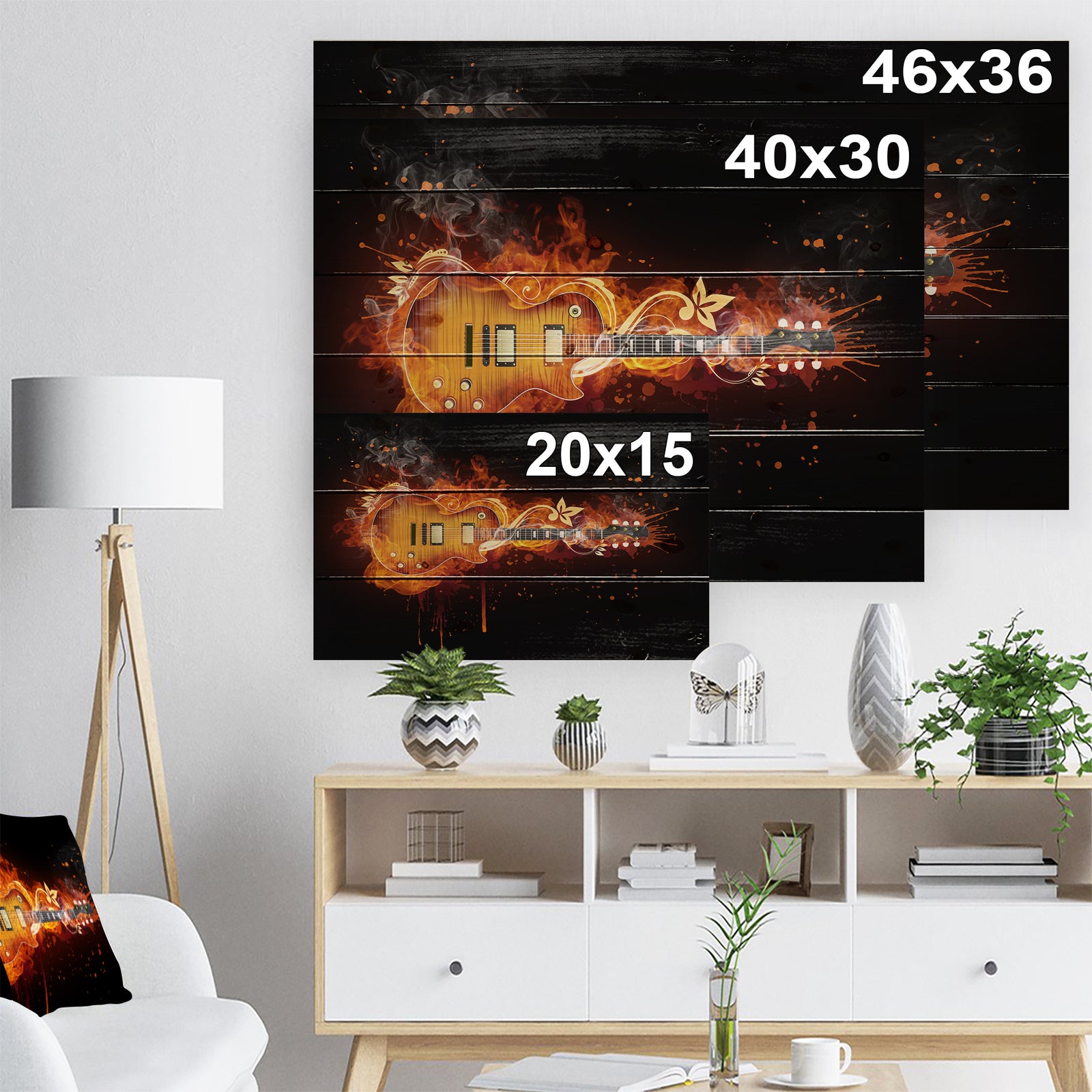 Electric Guitar - Abstract Print on Natural Pine Wood