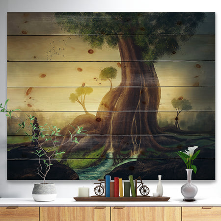Giant Tree with Woman - Abstract Print on Natural Pine Wood