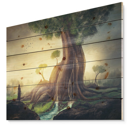 Giant Tree with Woman - Abstract Print on Natural Pine Wood