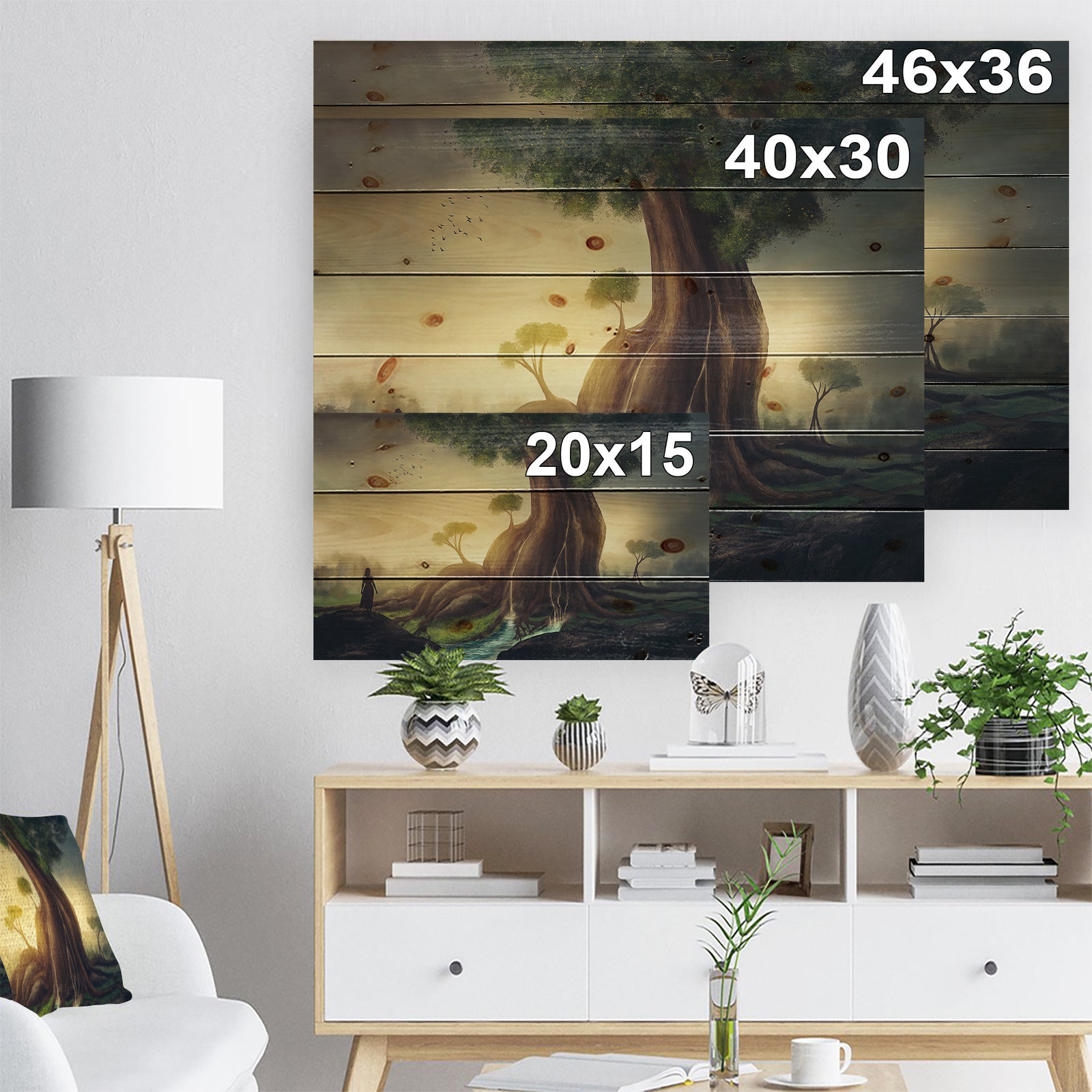 Giant Tree with Woman - Abstract Print on Natural Pine Wood