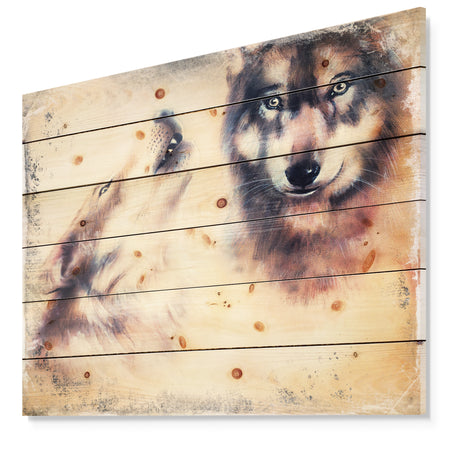 Howling Wolf - Bohemian Print on Natural Pine Wood