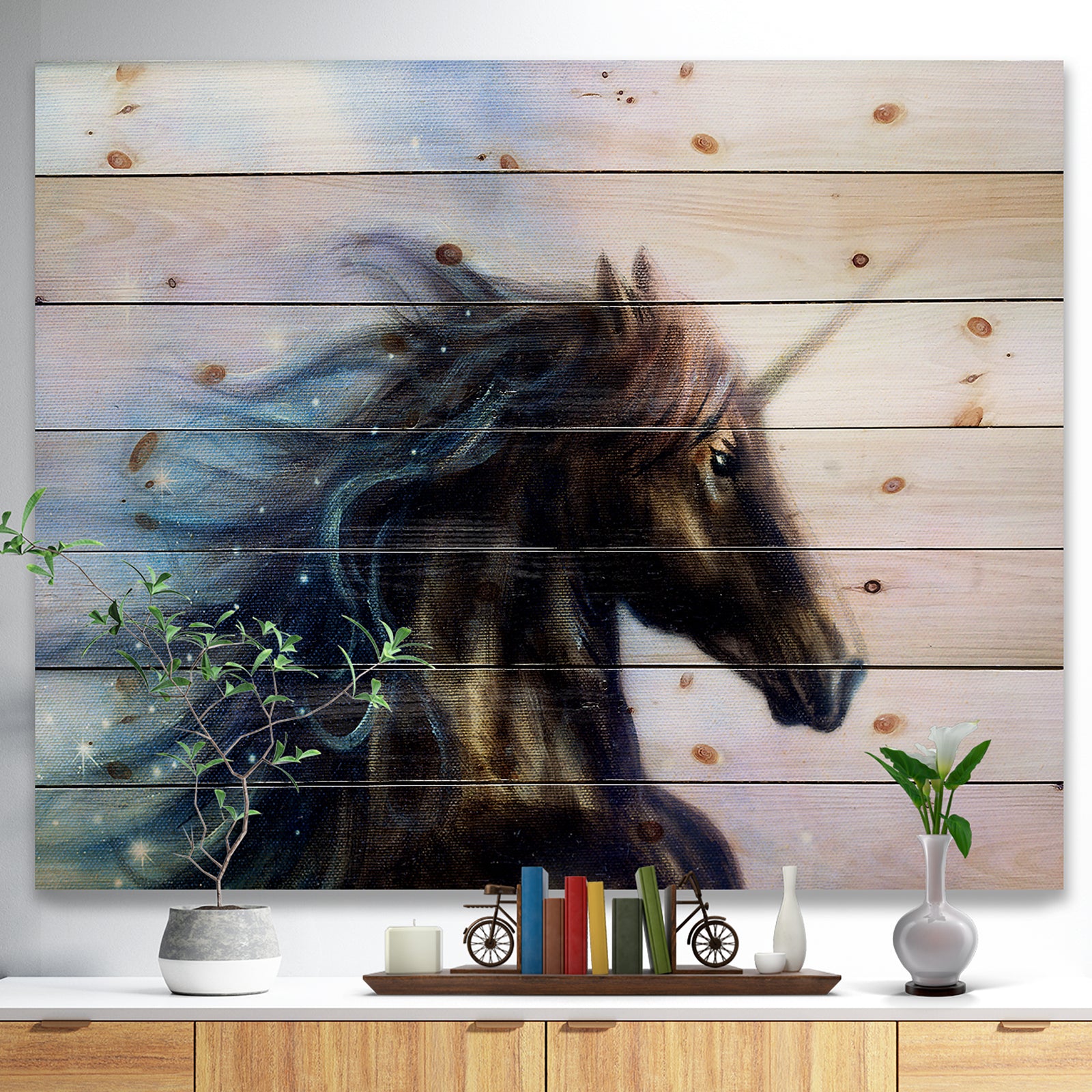Black Unicorn - Bohemian Print on Natural Pine Wood