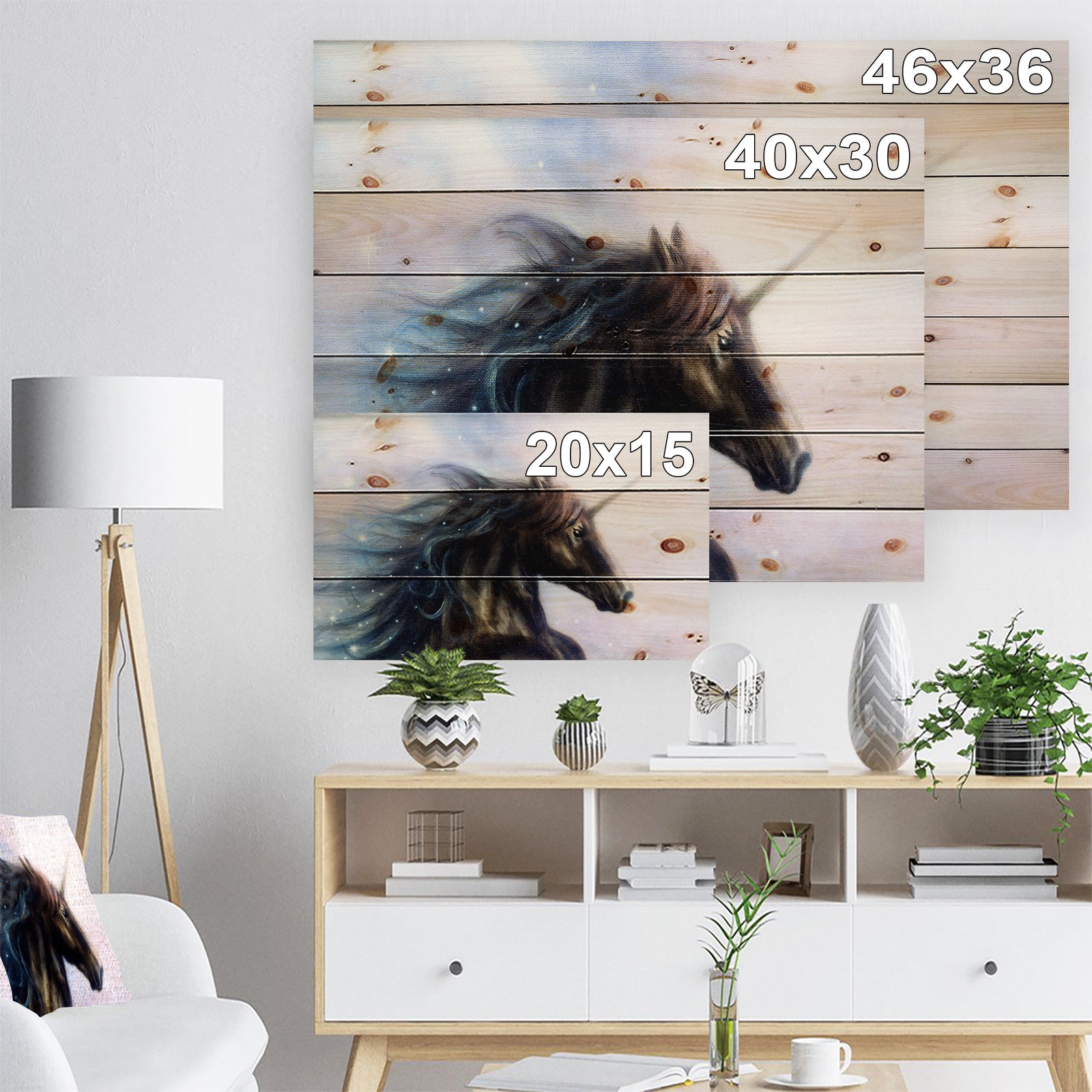 Black Unicorn - Bohemian Print on Natural Pine Wood