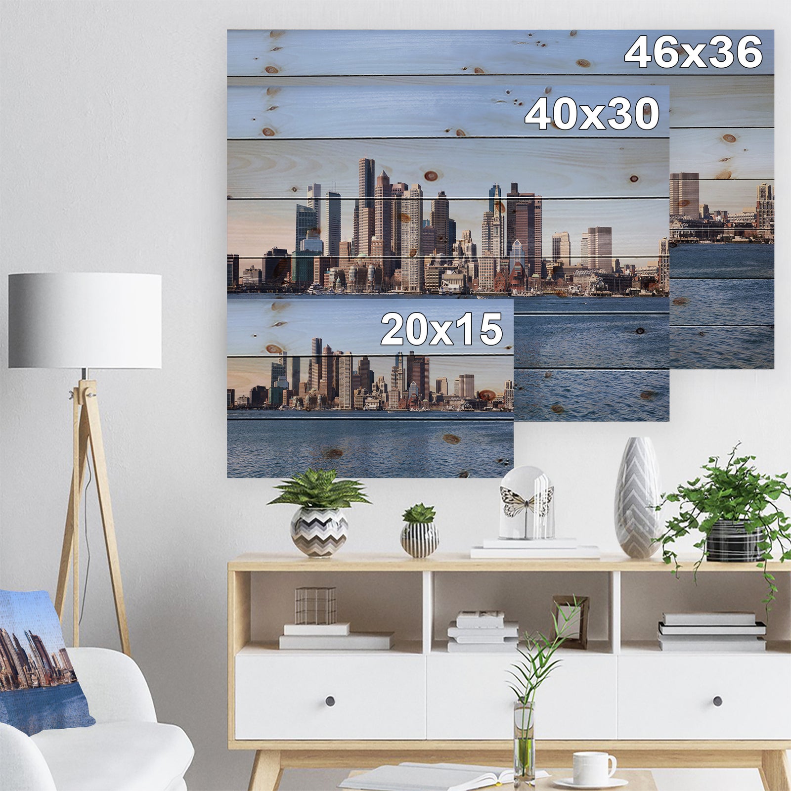 Boston Skyline Panorama - Cityscape Photo Print on Natural Pine Wood