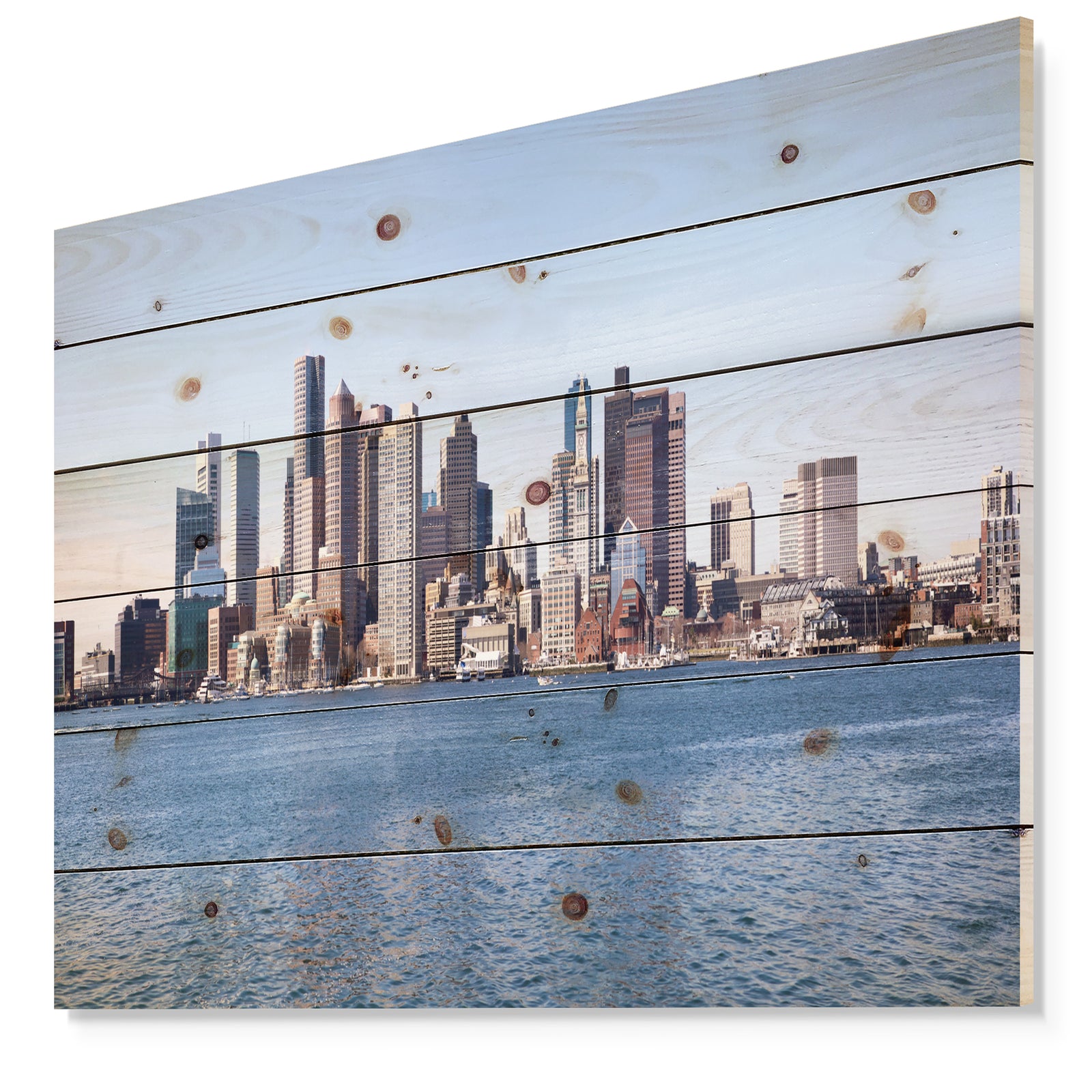Boston Skyline Panorama - Cityscape Photo Print on Natural Pine Wood