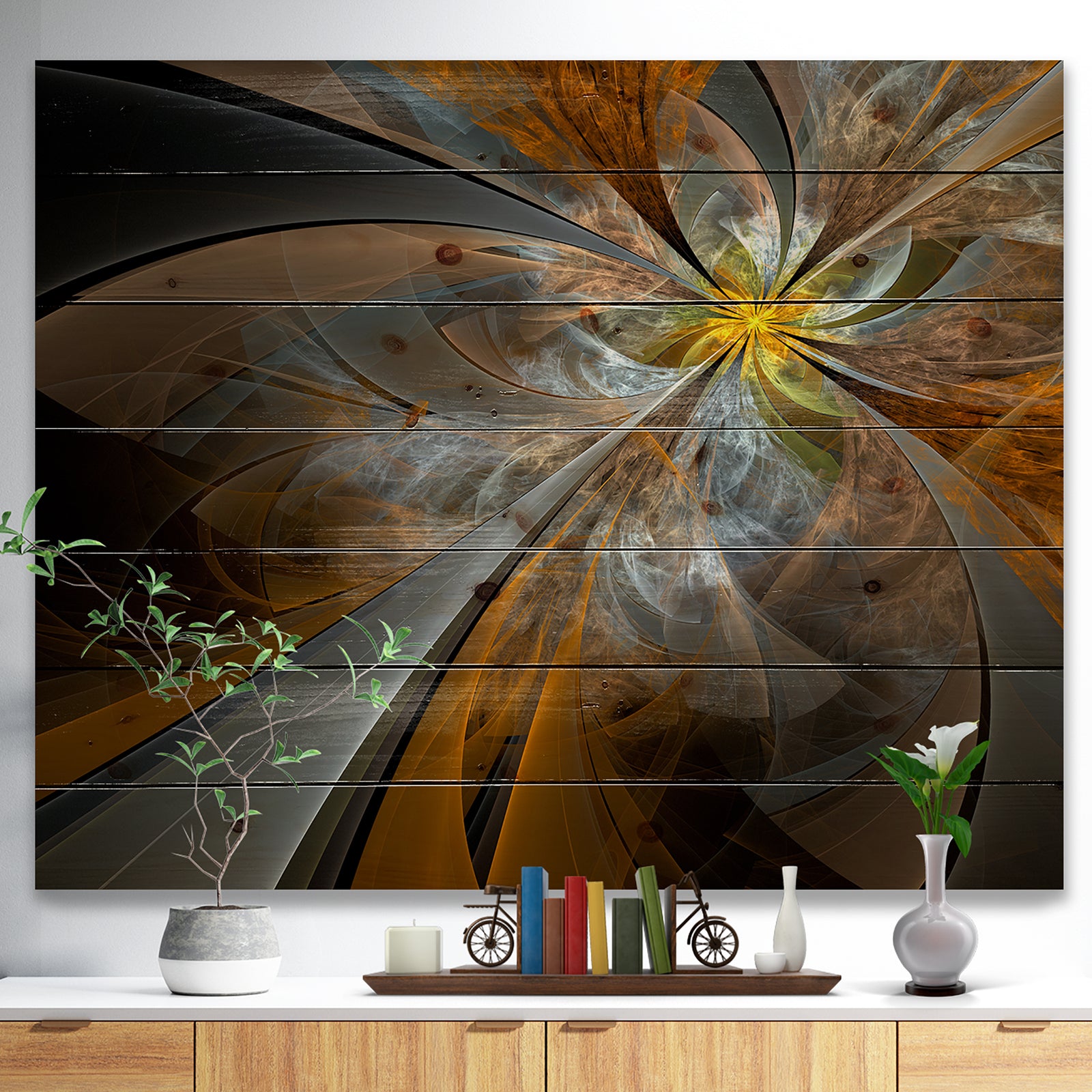 Symmetrical Yellow Fractal Flower - Abstract Print on Natural Pine Wood