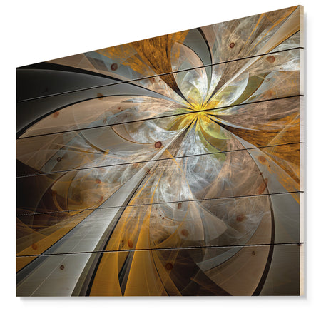 Symmetrical Yellow Fractal Flower - Abstract Print on Natural Pine Wood