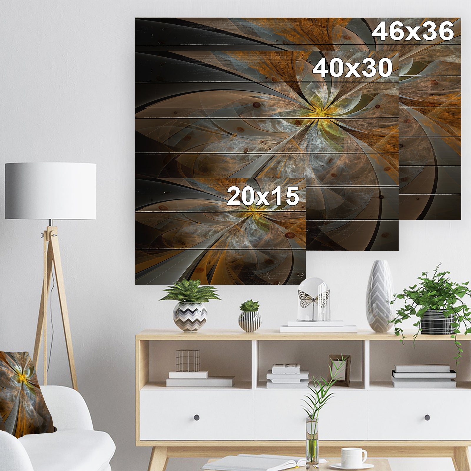 Symmetrical Yellow Fractal Flower - Abstract Print on Natural Pine Wood