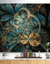 Symmetrical Blue Gold Fractal Flower - Abstract Print on Natural Pine Wood