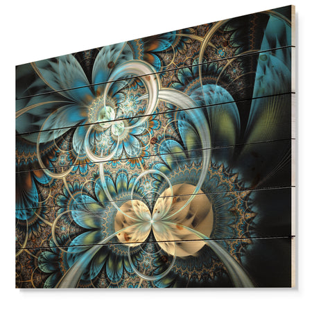 Symmetrical Blue Gold Fractal Flower - Abstract Print on Natural Pine Wood