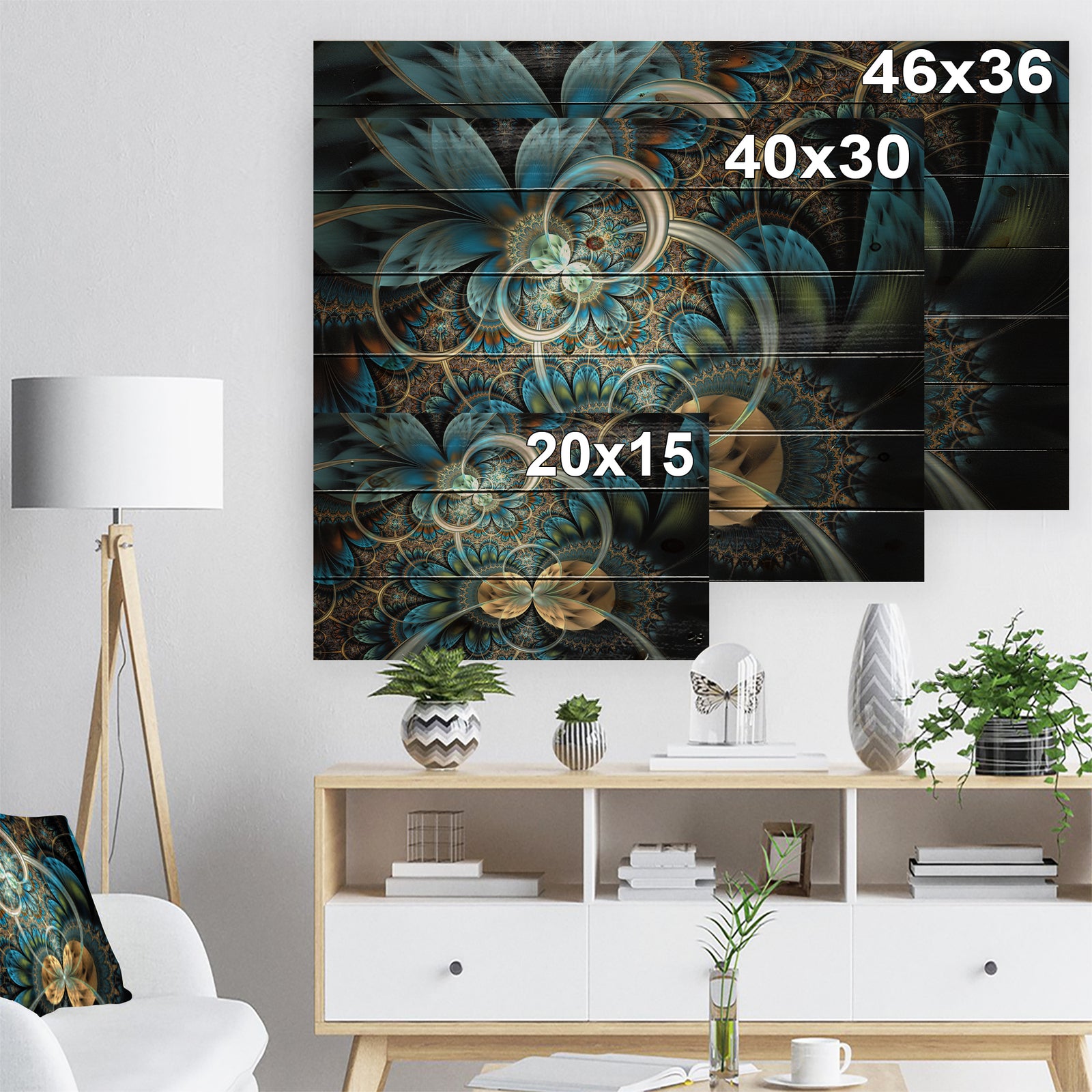 Symmetrical Blue Gold Fractal Flower - Abstract Print on Natural Pine Wood