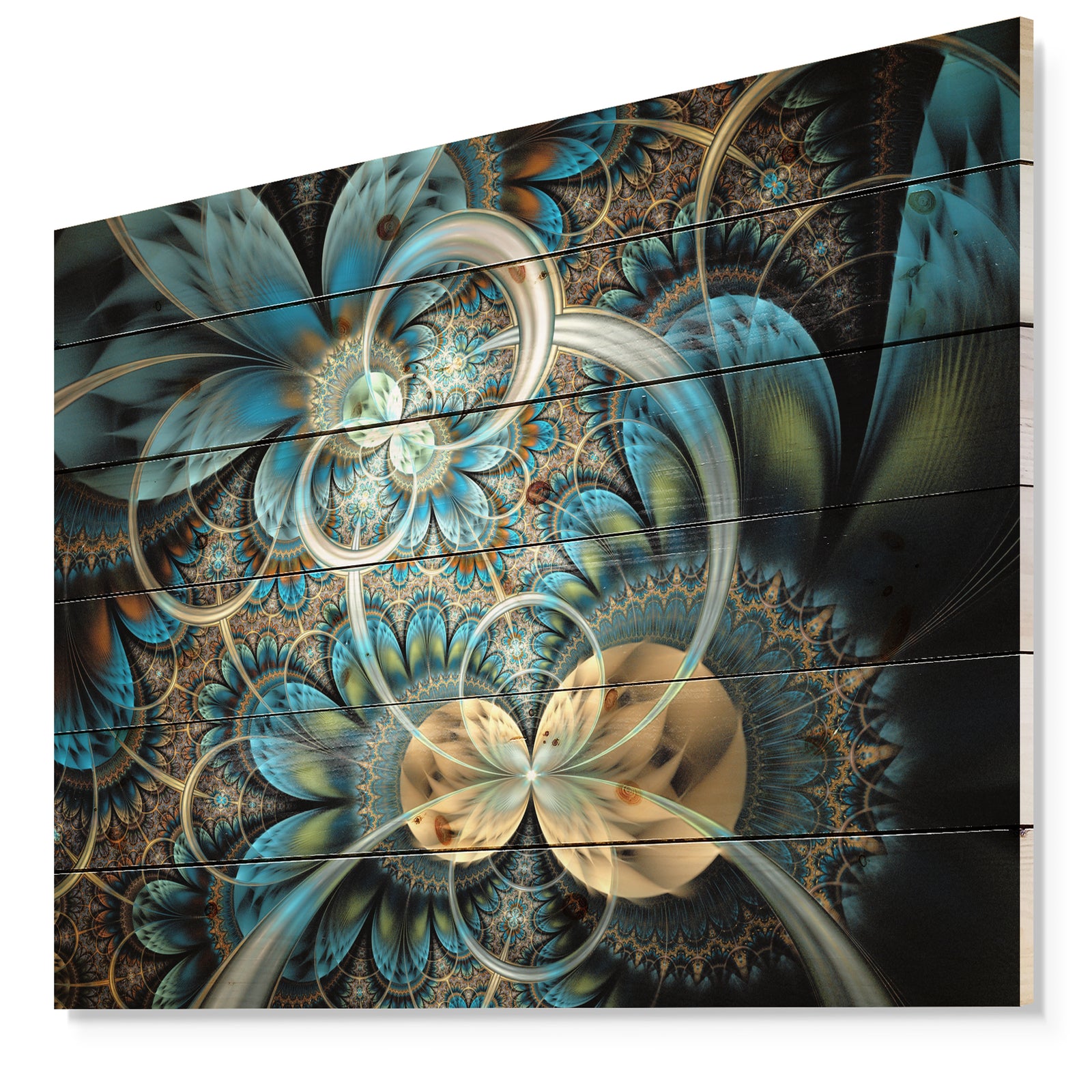 Symmetrical Blue Gold Fractal Flower - Abstract Print on Natural Pine Wood