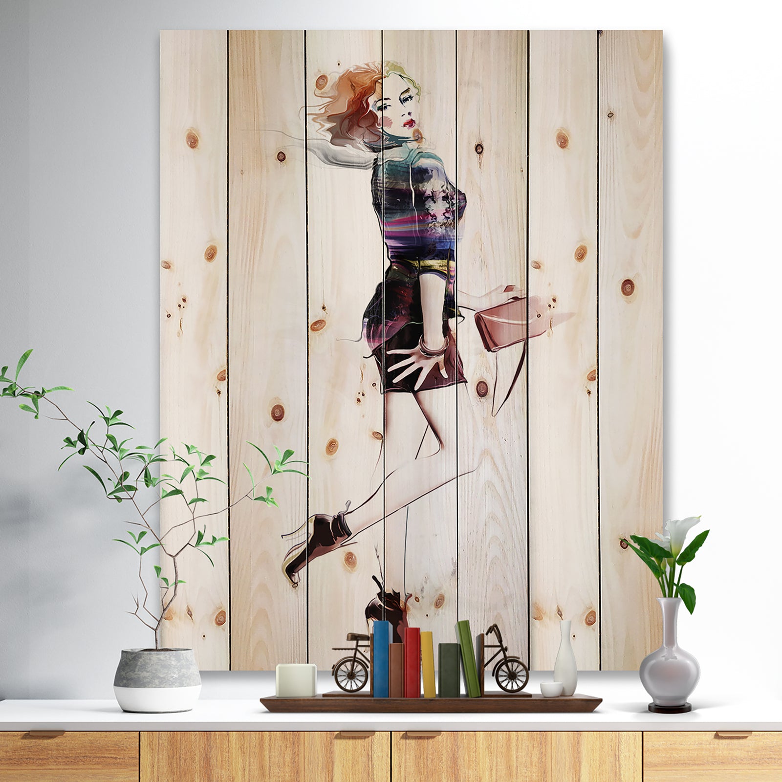 Fashionable Young Girl - Abstract Portrait Print on Natural Pine Wood
