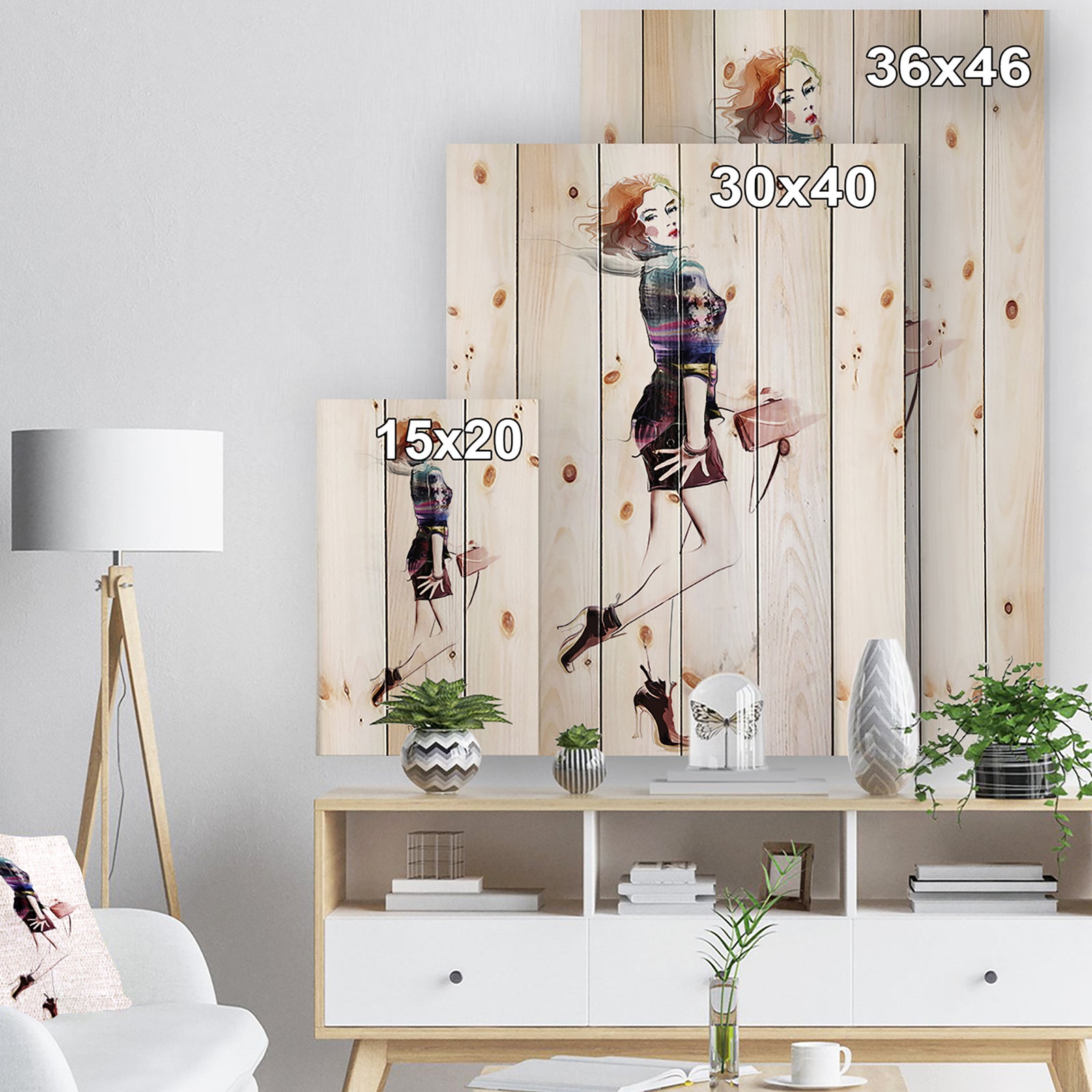 Fashionable Young Girl - Abstract Portrait Print on Natural Pine Wood