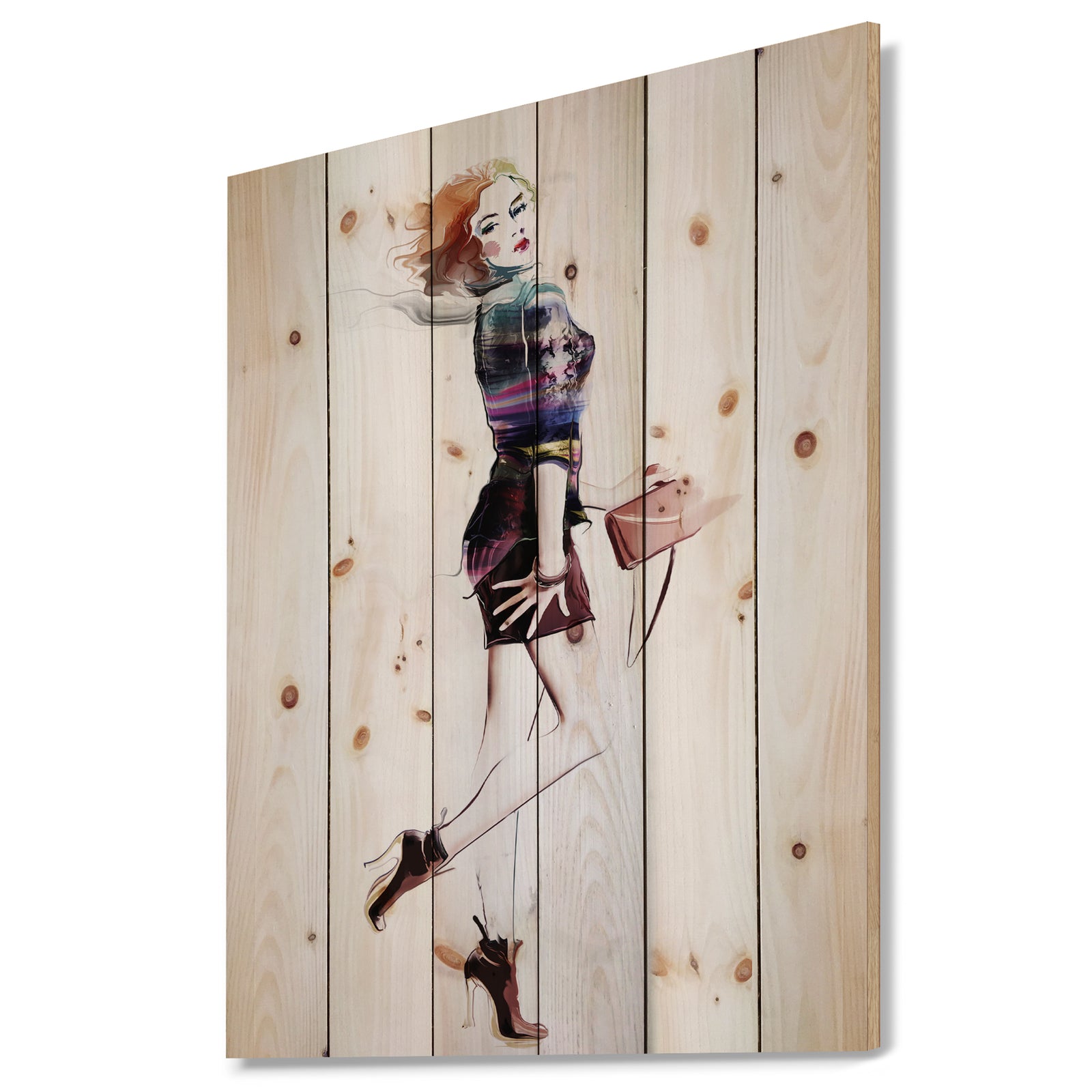 Fashionable Young Girl - Abstract Portrait Print on Natural Pine Wood