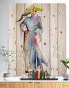 Asian Women in Blue Dress - Digital Art Portrait Print on Natural Pine Wood