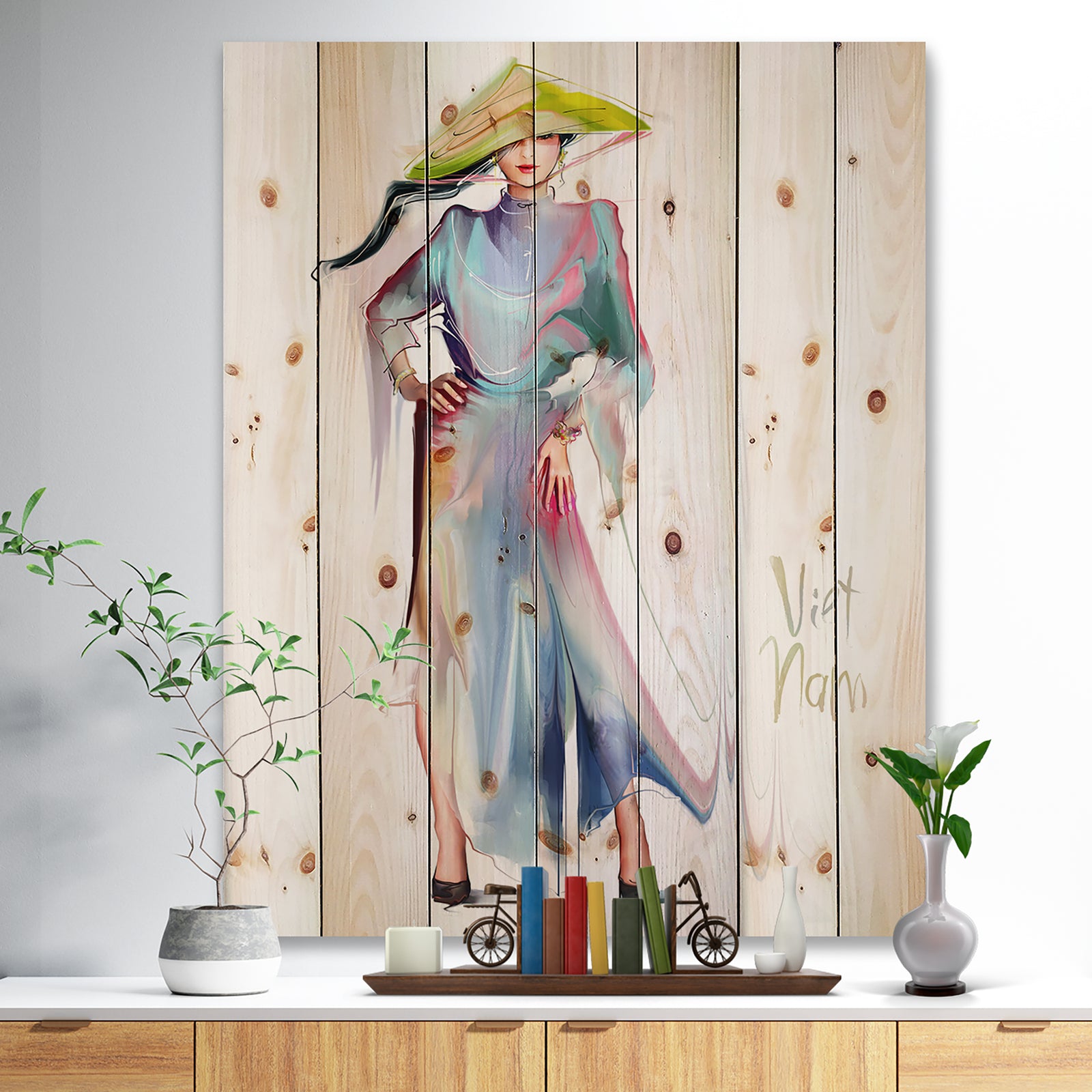 Asian Women in Blue Dress - Digital Art Portrait Print on Natural Pine Wood
