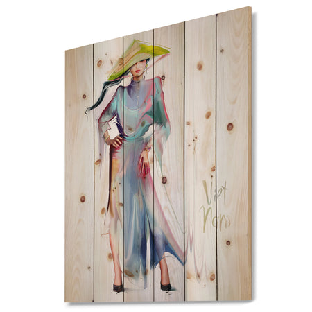 Asian Women in Blue Dress - Digital Art Portrait Print on Natural Pine Wood
