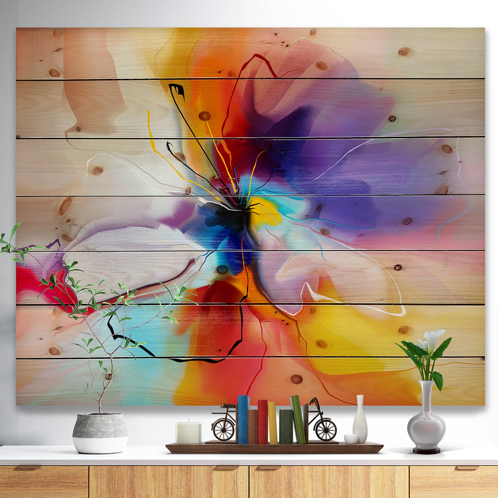 Creative Flower in Multiple Colors - Floral Print on Natural Pine Wood