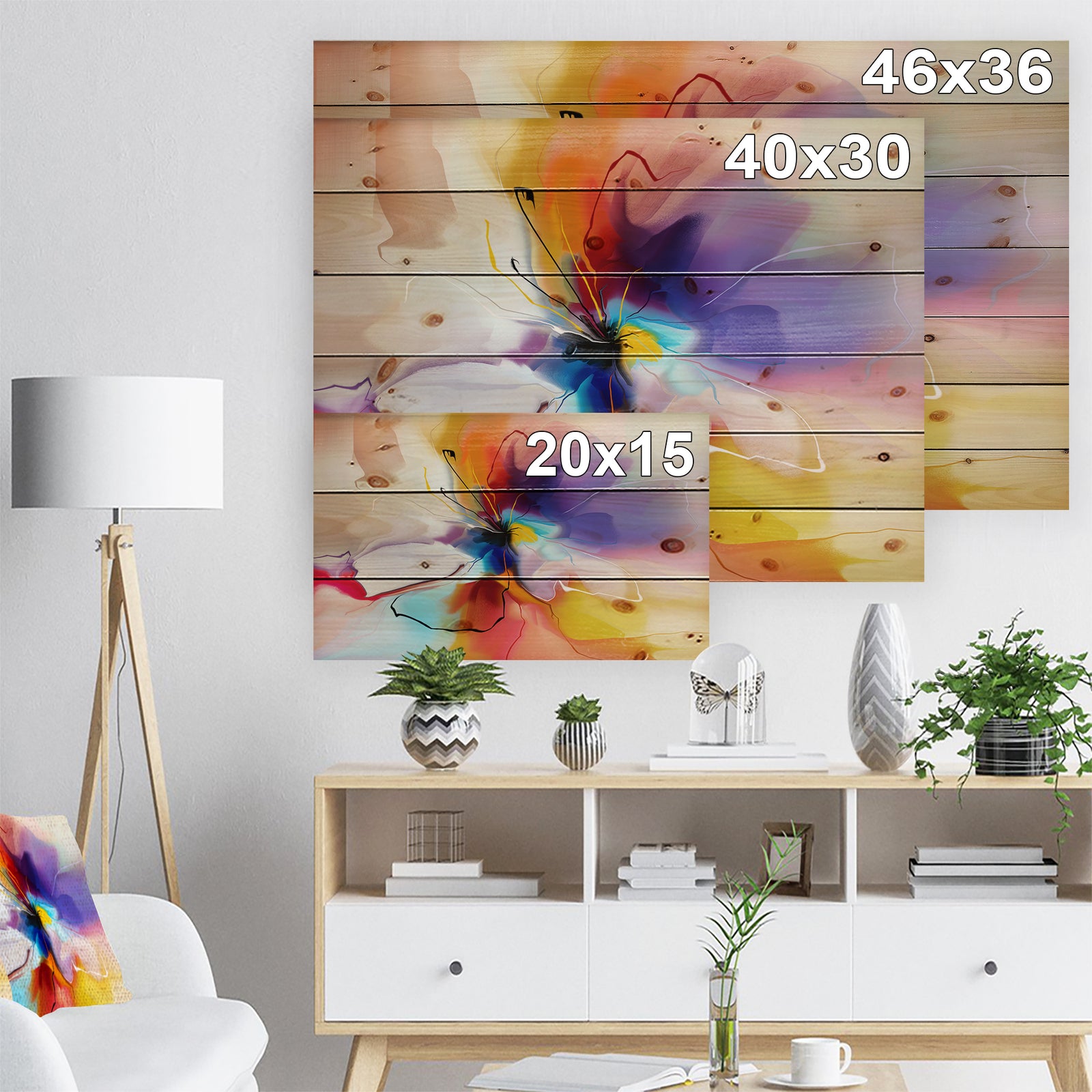 Creative Flower in Multiple Colors - Floral Print on Natural Pine Wood