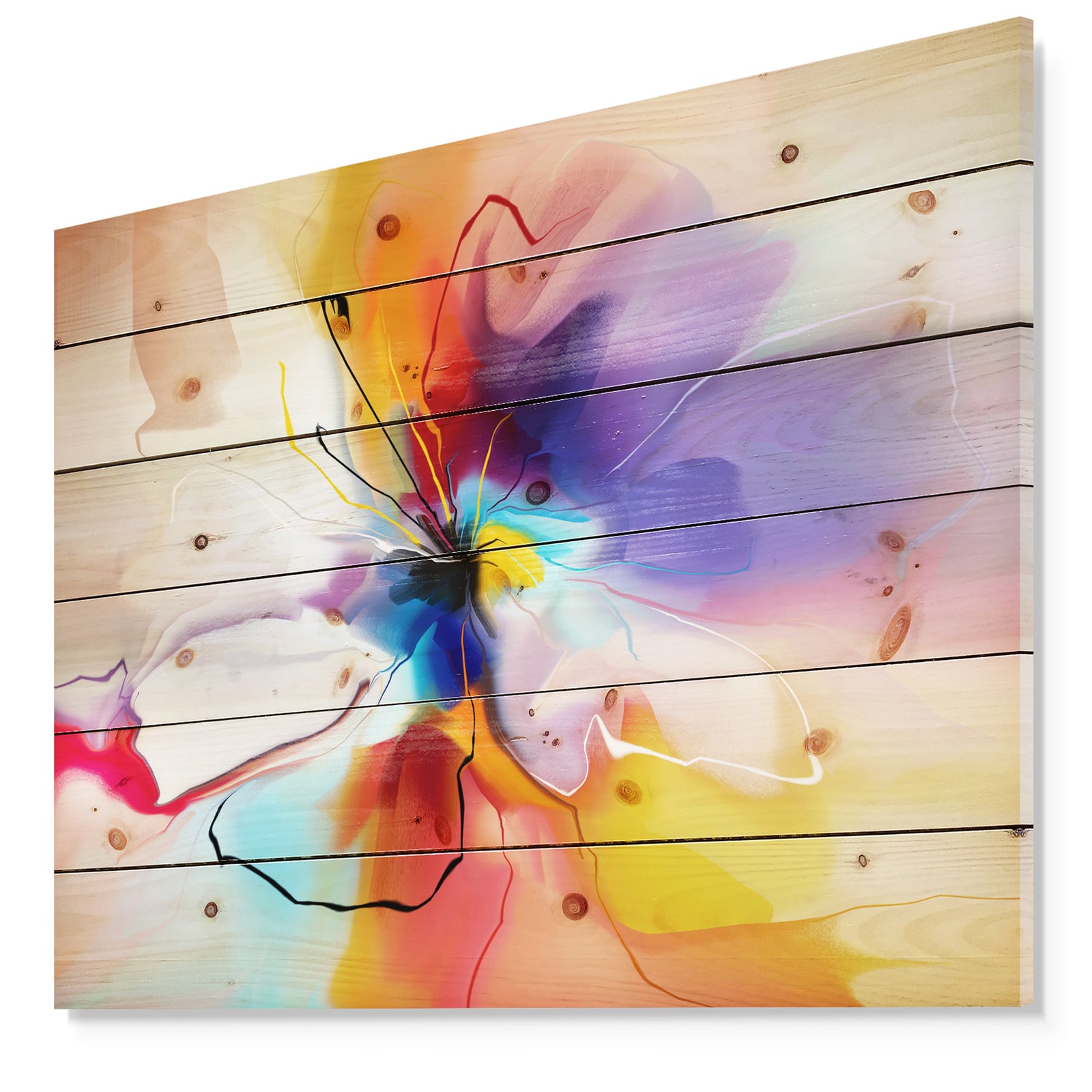 Creative Flower in Multiple Colors - Floral Print on Natural Pine Wood