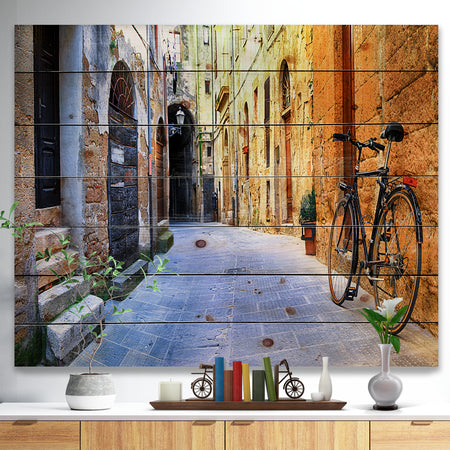 Pictorial Street of Old Italy - Cityscape Print on Natural Pine Wood