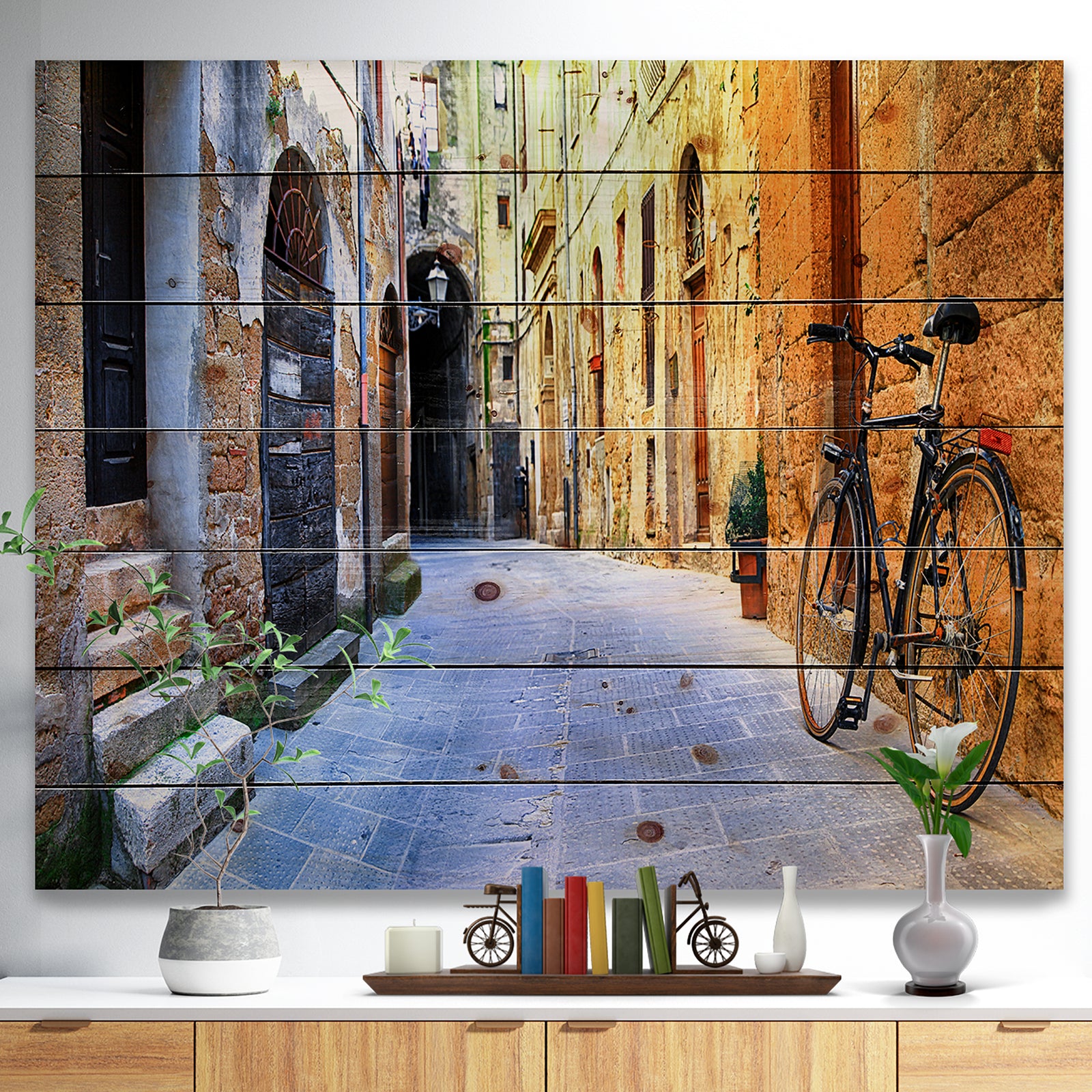 Pictorial Street of Old Italy - Cityscape Print on Natural Pine Wood