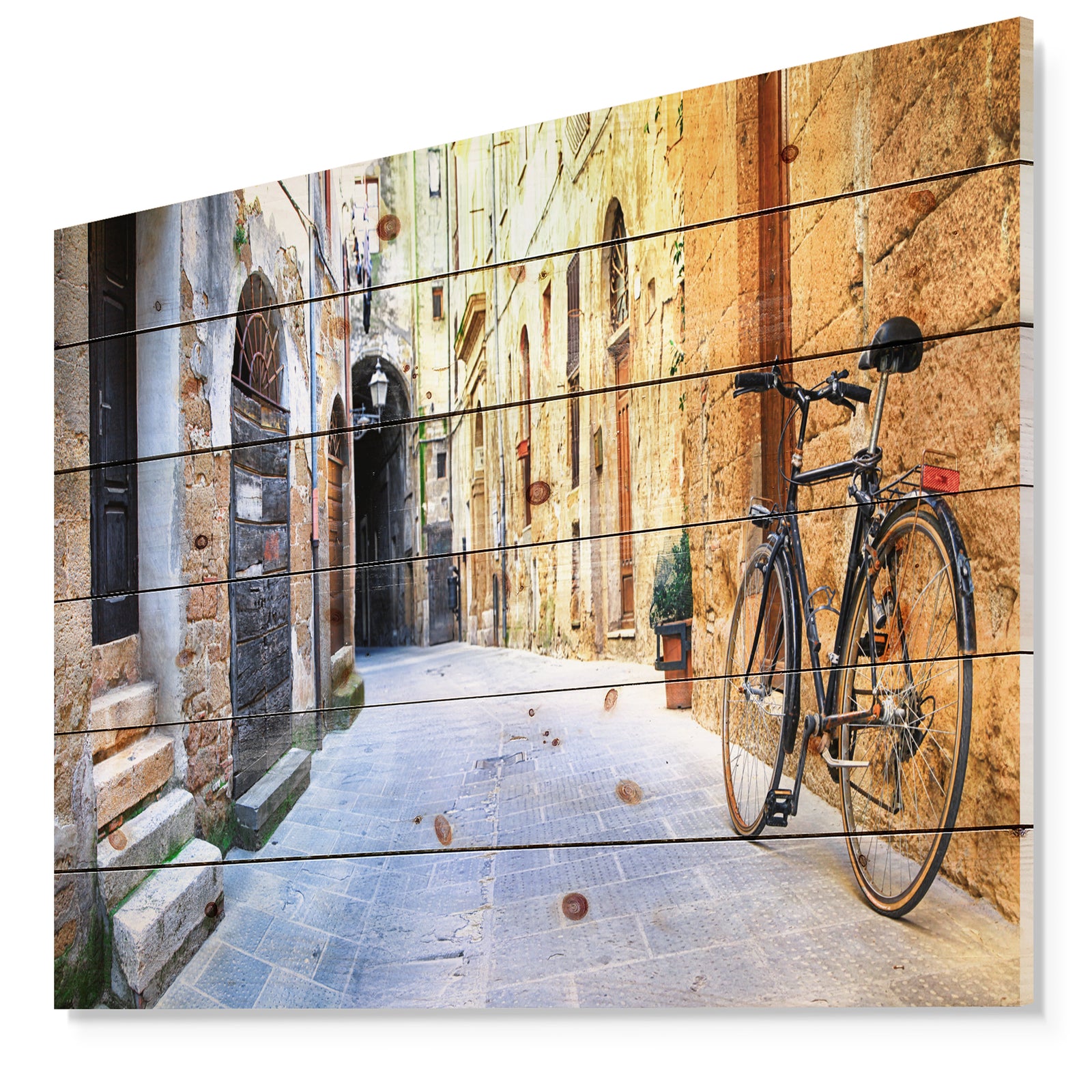 Pictorial Street of Old Italy - Cityscape Print on Natural Pine Wood