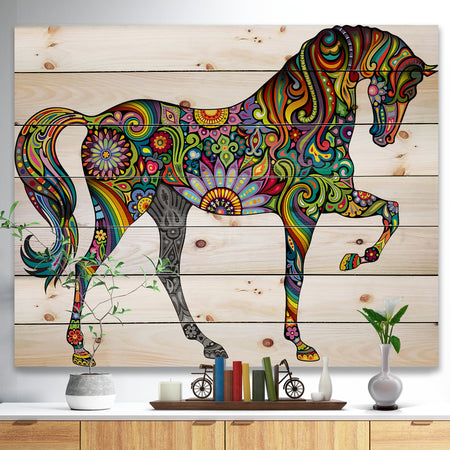 Cheerful Horse - Bohemian Print on Natural Pine Wood