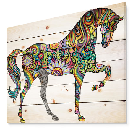 Cheerful Horse - Bohemian Print on Natural Pine Wood