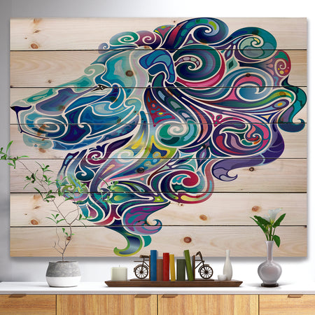 Blue Lion Abstract Art - Bohemian Print on Natural Pine Wood