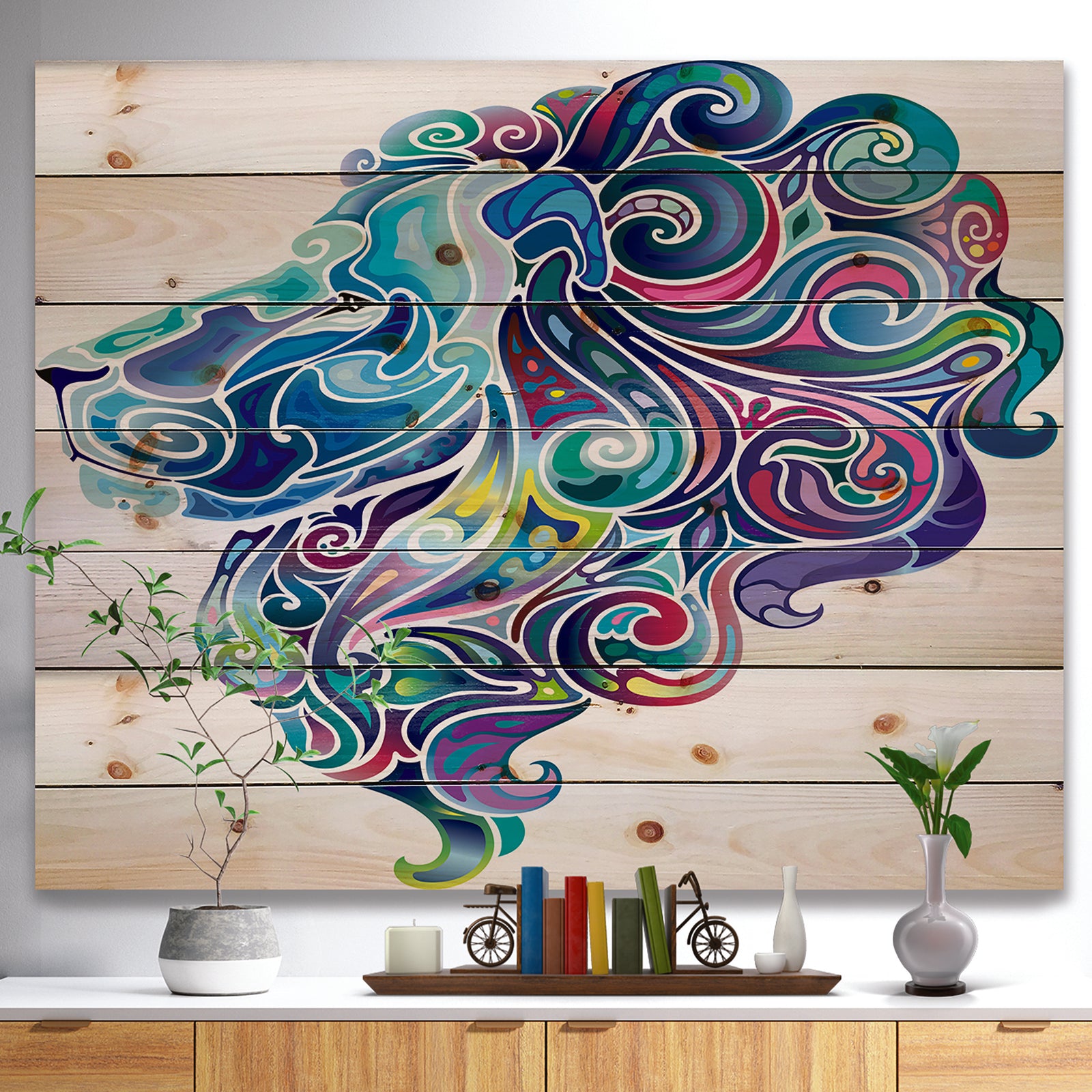 Blue Lion Abstract Art - Bohemian Print on Natural Pine Wood