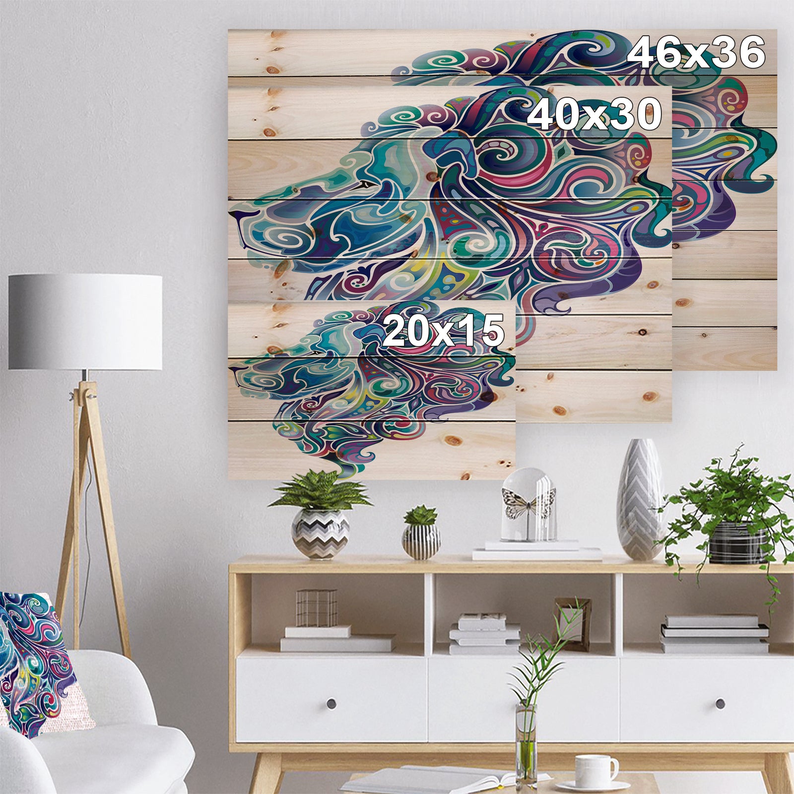 Blue Lion Abstract Art - Bohemian Print on Natural Pine Wood