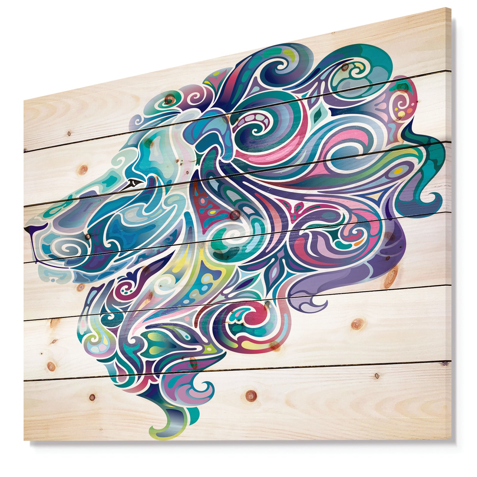 Blue Lion Abstract Art - Bohemian Print on Natural Pine Wood